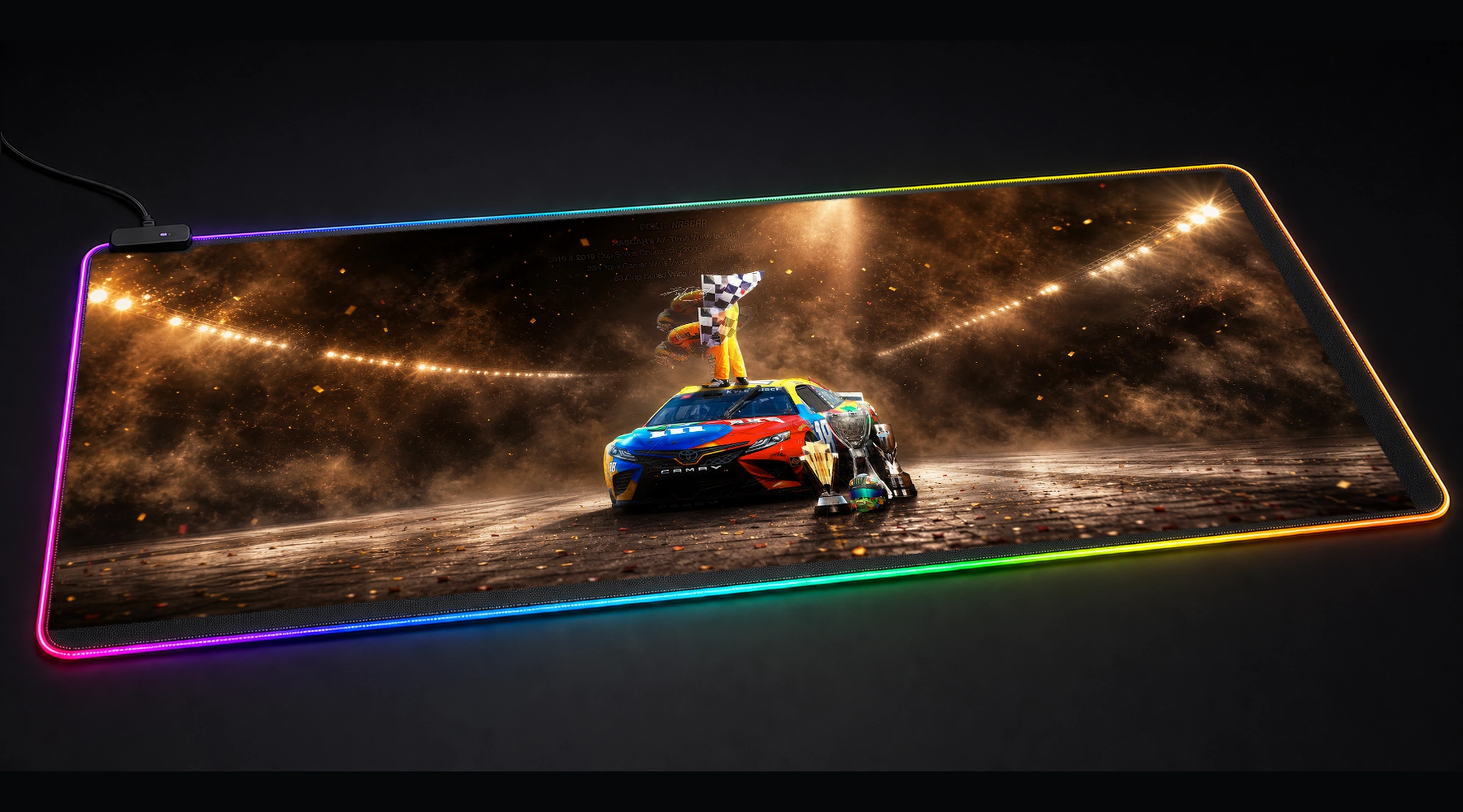 Kyle Busch NASCAR Champion Celebration formula racing panoramic RGB gaming desk mat product view