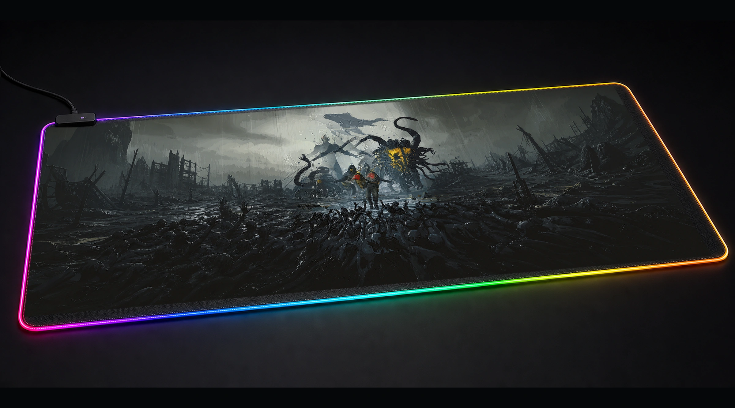 Dark cinematic panoramic RGB desk mat