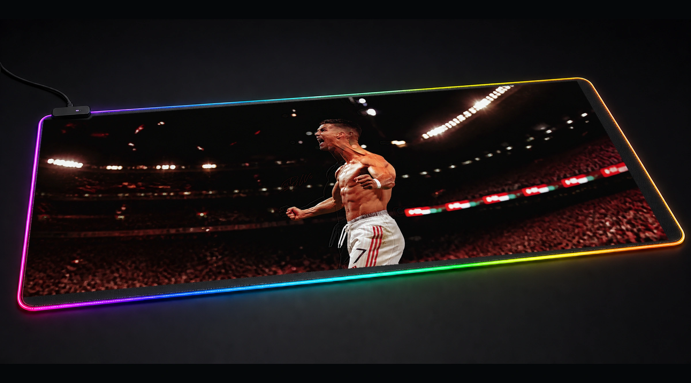 Ronaldo — Crimson Victory Line sports art panoramic RGB gaming desk mat product view