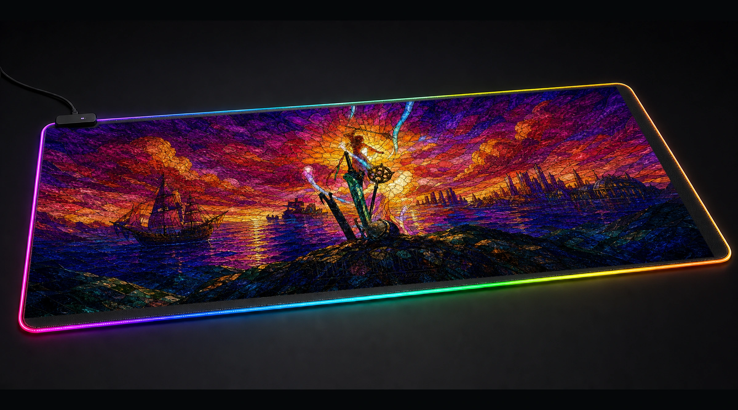 Final Fantasy X Stained Glass artwork tactical action panoramic RGB gaming desk mat product view