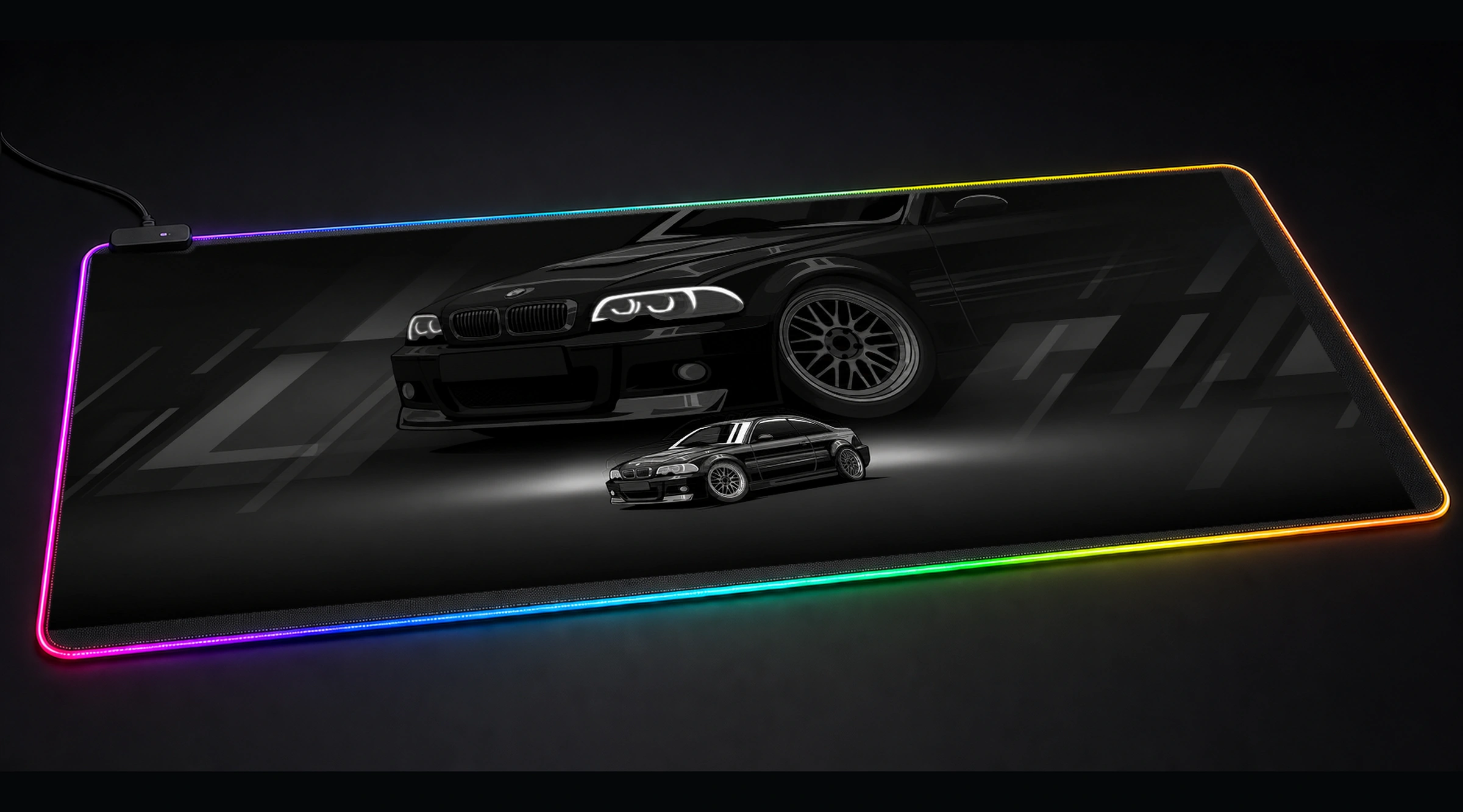 Black BMW E46 Illustration geometric line art panoramic RGB gaming desk mat product view