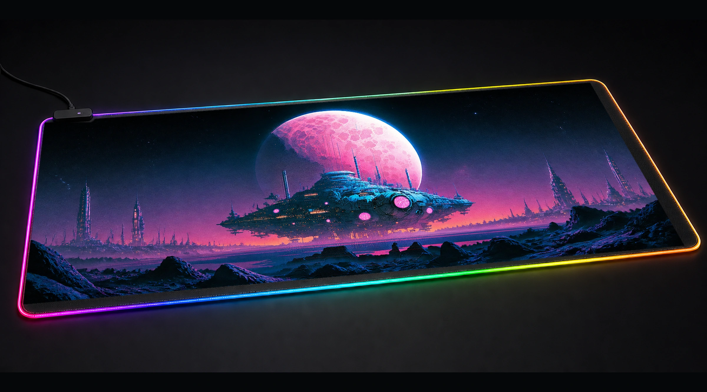 Ufo on the Moon alien ufo art panoramic RGB gaming desk mat product view