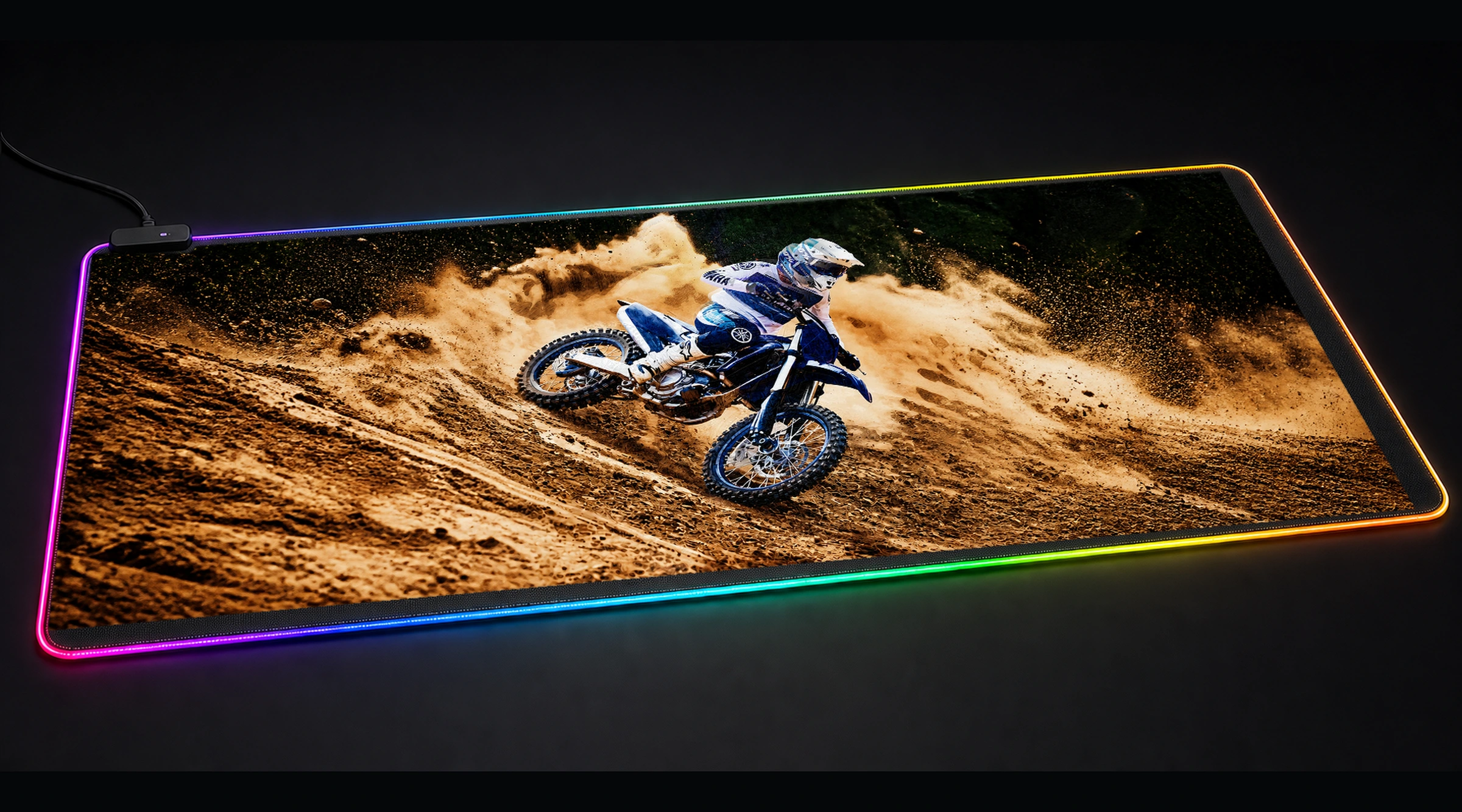 Yamaha Motocross Bike in Action formula racing panoramic RGB gaming desk mat product view