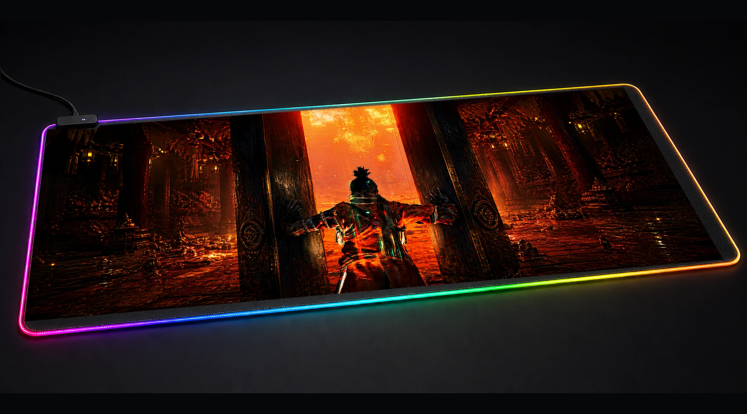 Sekiro — Golden Future Shrine samurai art panoramic RGB gaming desk mat product view