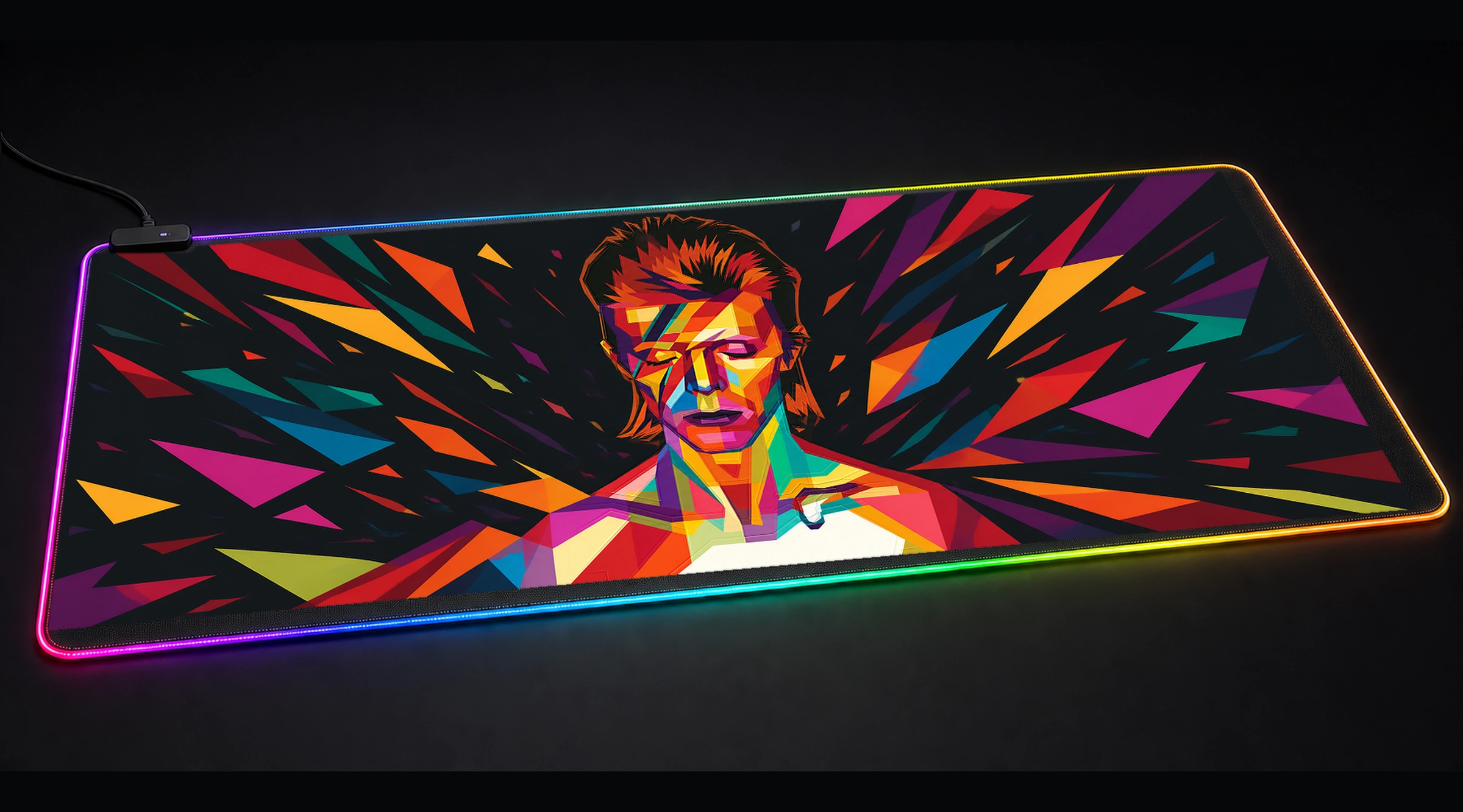 David Bowie Colorful Portrait geometric line art panoramic RGB gaming desk mat product view