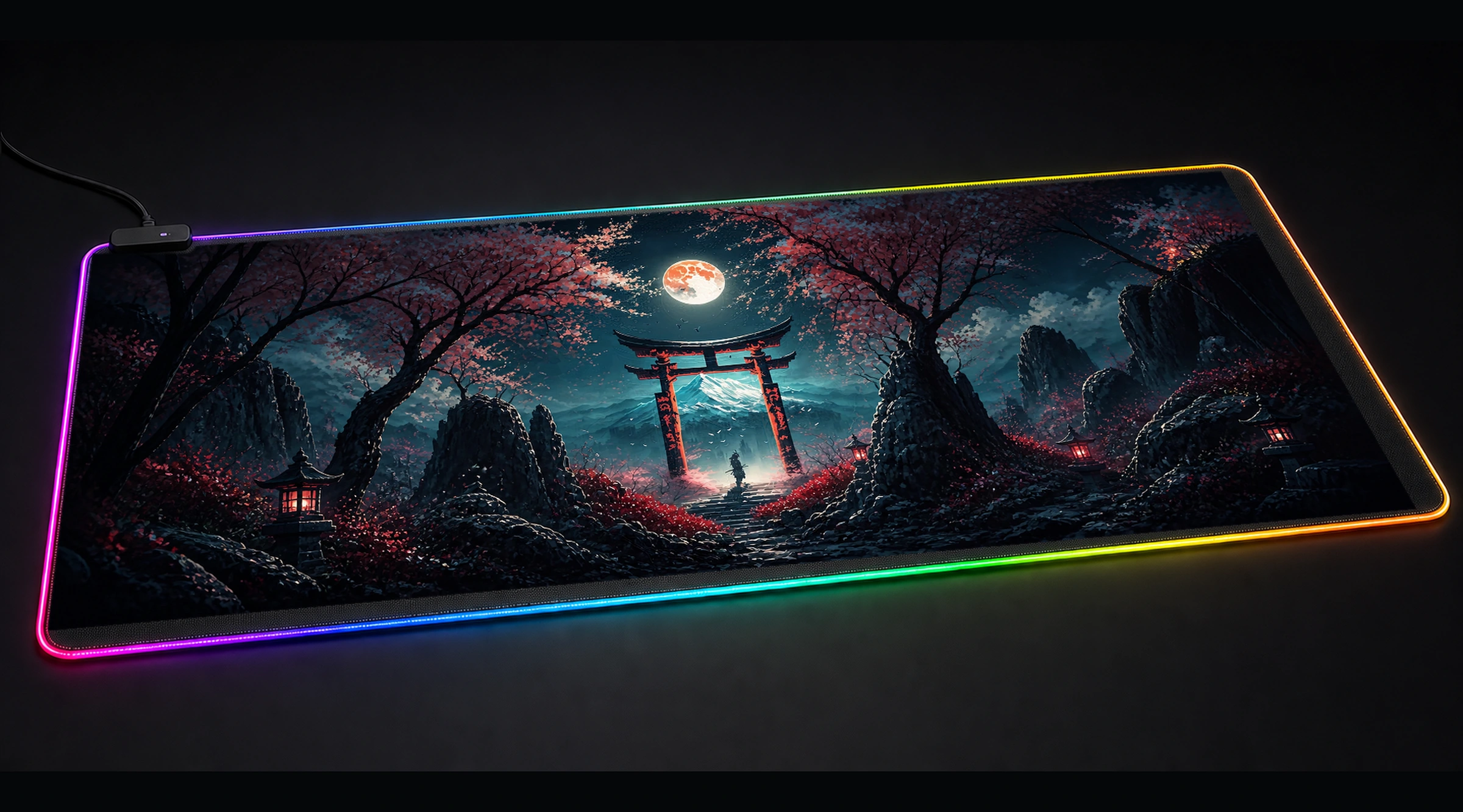 Samurai Moon samurai art panoramic RGB gaming desk mat product view