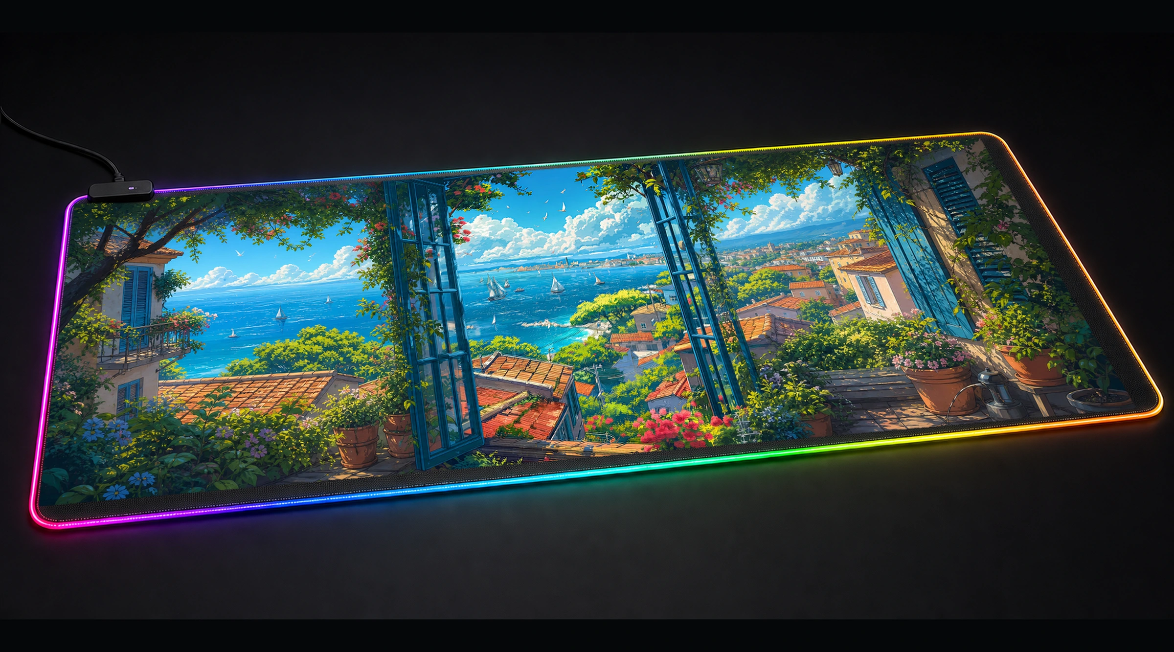 Mediterranean View mountain landscape panoramic RGB gaming desk mat product view