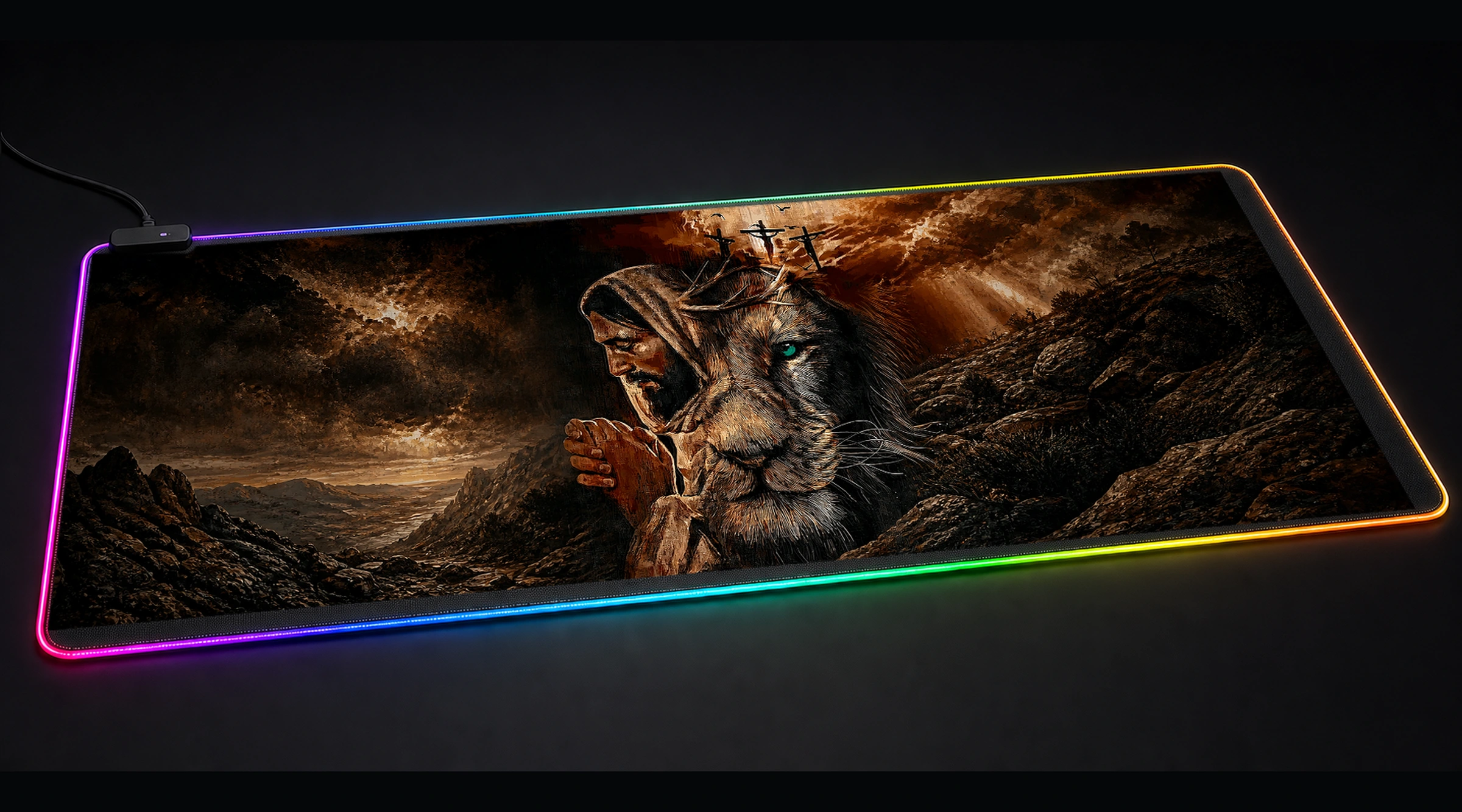 Jesus And Lion wildlife art panoramic RGB gaming desk mat product view