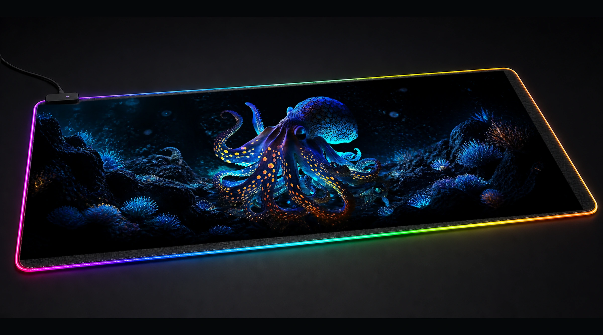 Neon Octopus marine life art panoramic RGB gaming desk mat product view