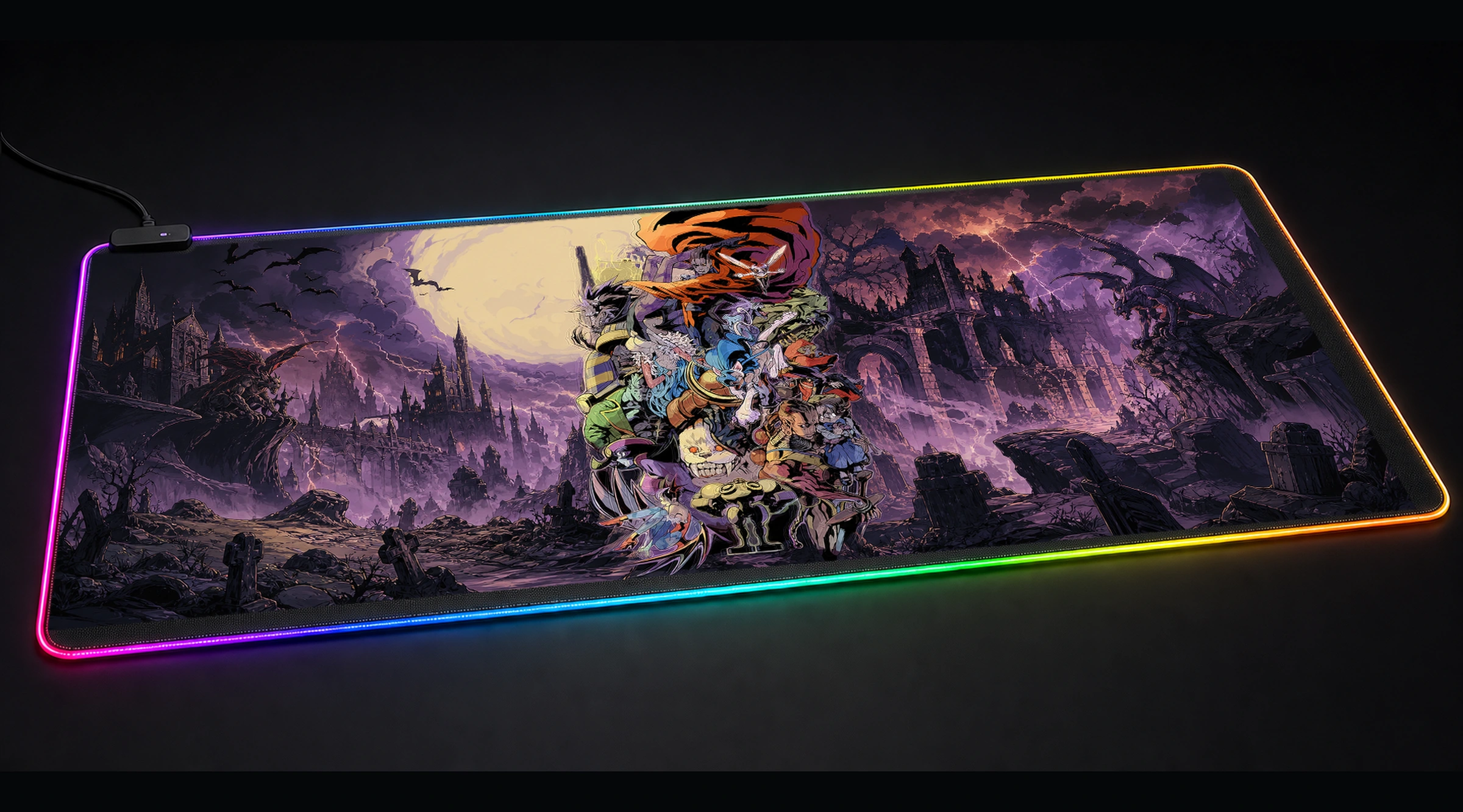 Darkstalkers Characters Collage game world art panoramic RGB gaming desk mat product view