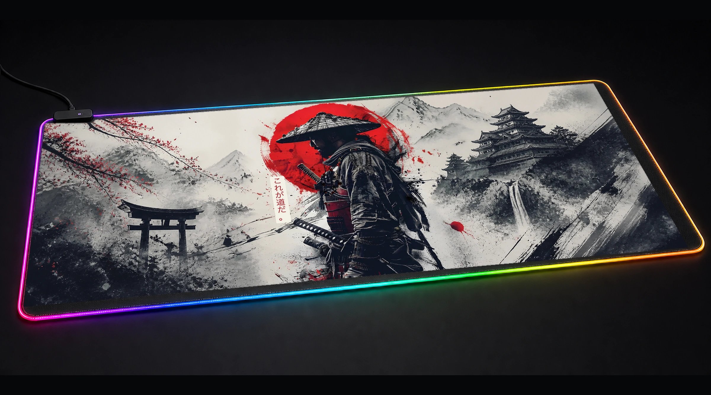Samurai Japan samurai art panoramic RGB gaming desk mat product view