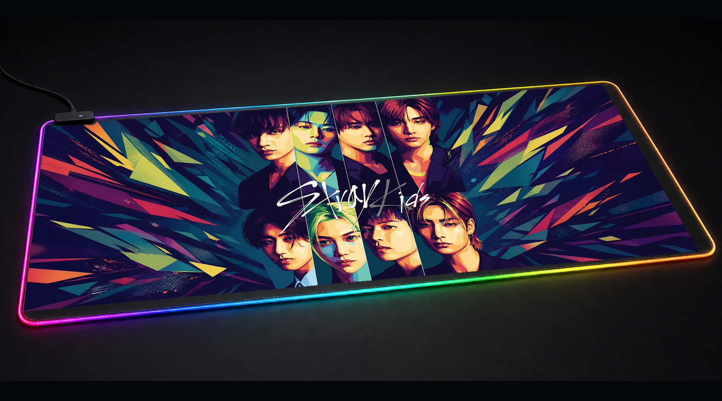 Stray Kids K-Pop Group Portrait music band art panoramic RGB gaming desk mat product view