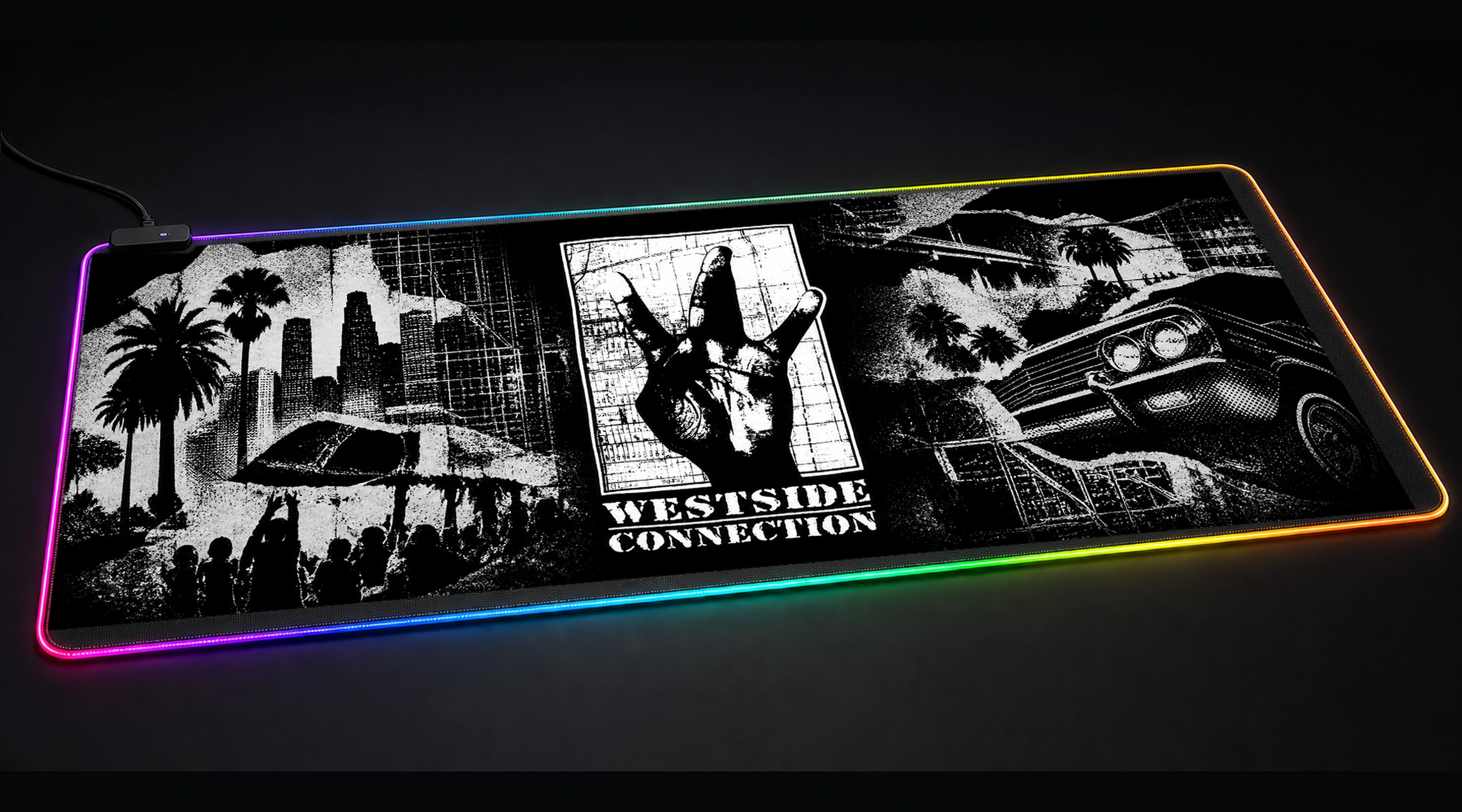 Westside Connection Hand Sign motivational quote panoramic RGB gaming desk mat product view