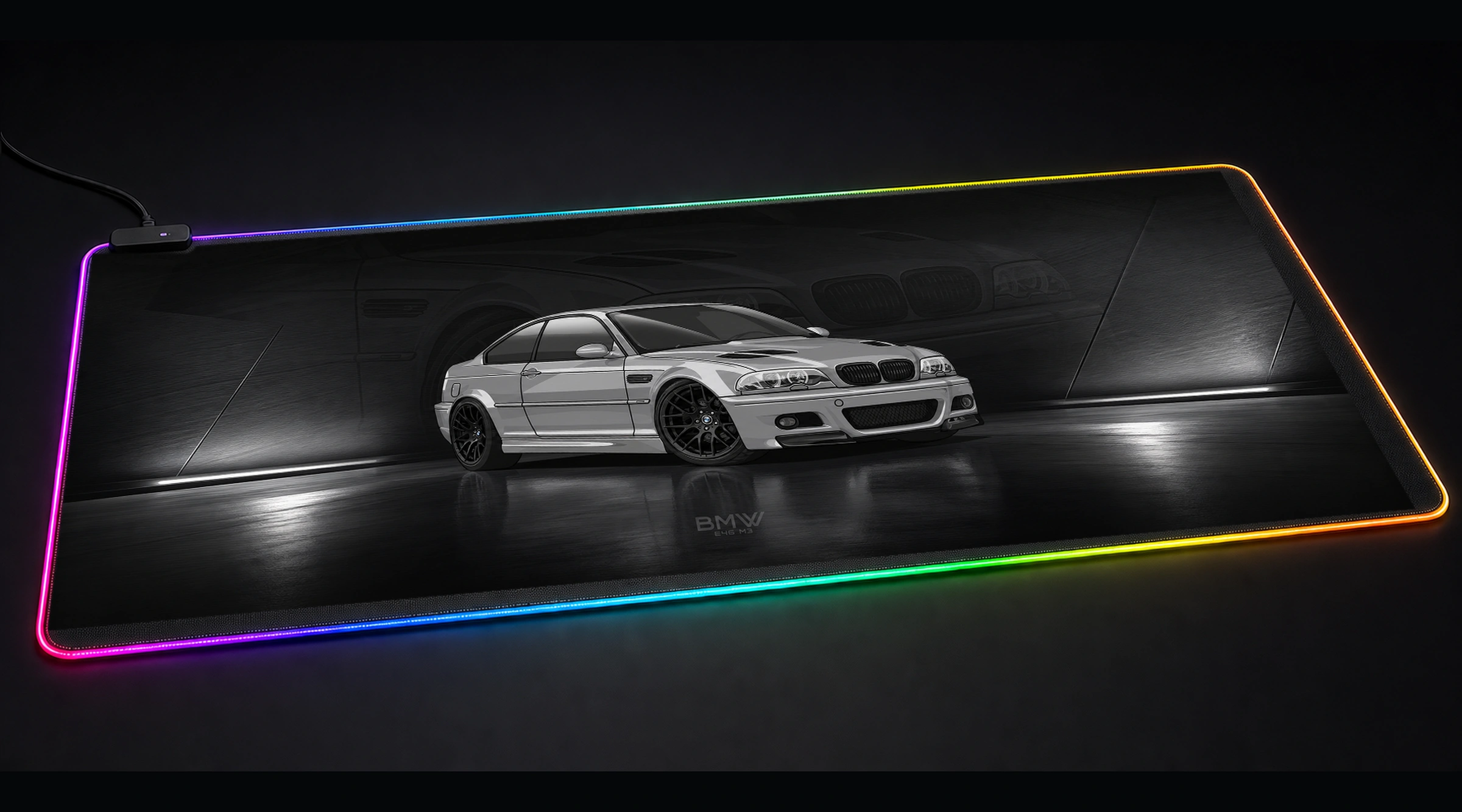 BMW E46 M3 supercar art panoramic RGB gaming desk mat product view