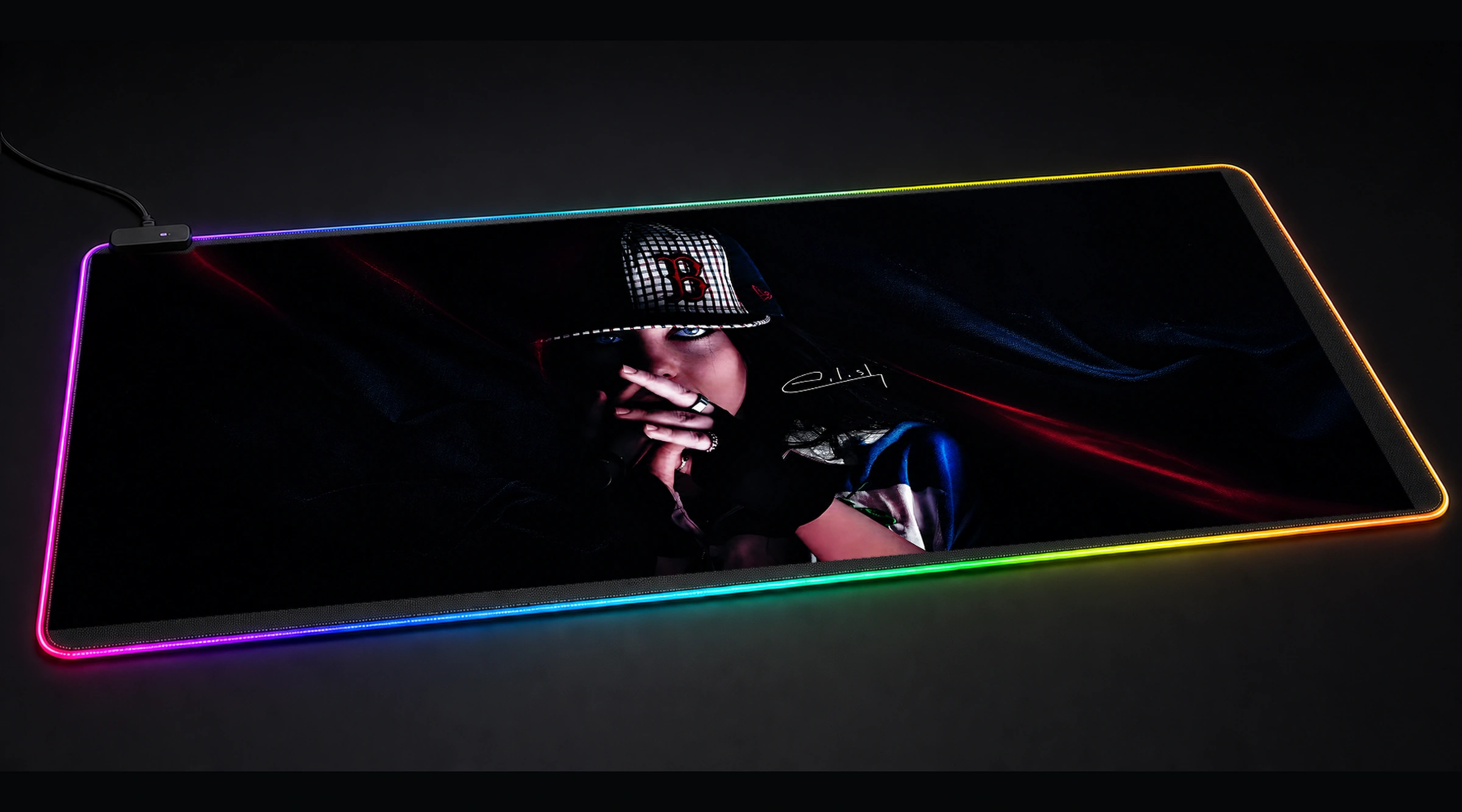 Billie Eilish Portrait Black music band art panoramic RGB gaming desk mat product view