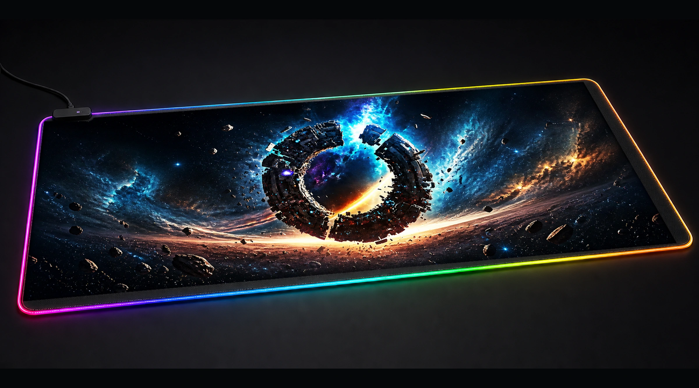 Space Portal Quantum galaxy space art panoramic RGB gaming desk mat product view
