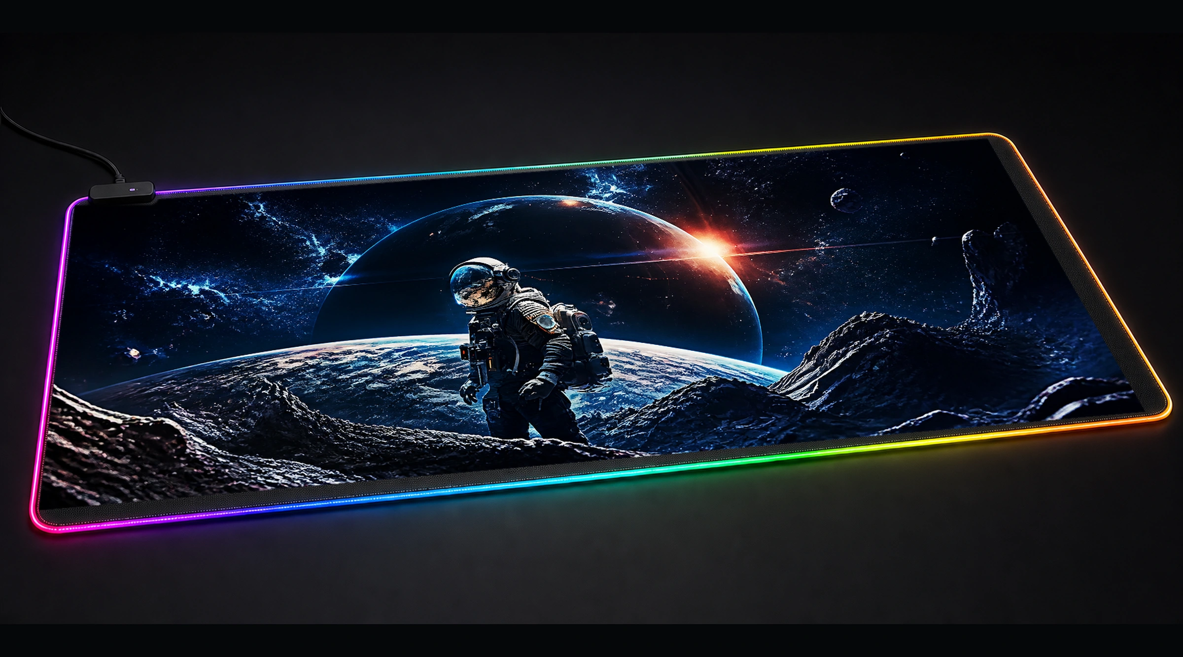 Space astronaut astronaut space art panoramic RGB gaming desk mat product view