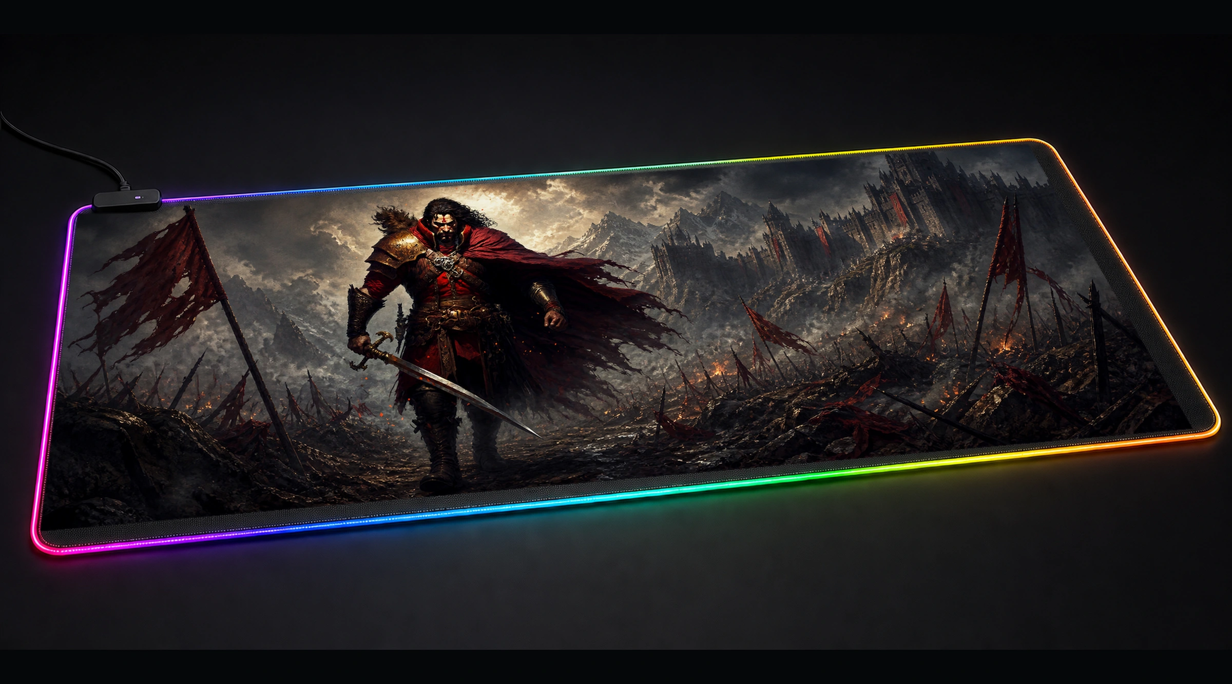 King Swordsman tactical action panoramic RGB gaming desk mat product view