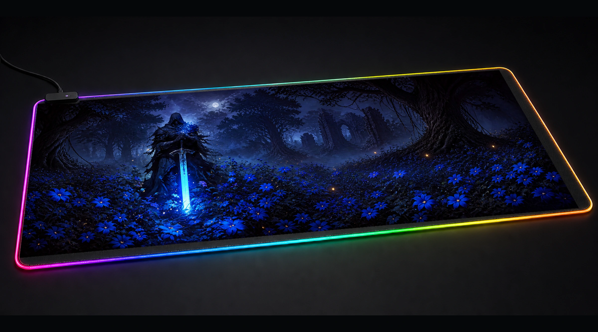 Knight with Blue Sword medieval warrior panoramic RGB gaming desk mat product view