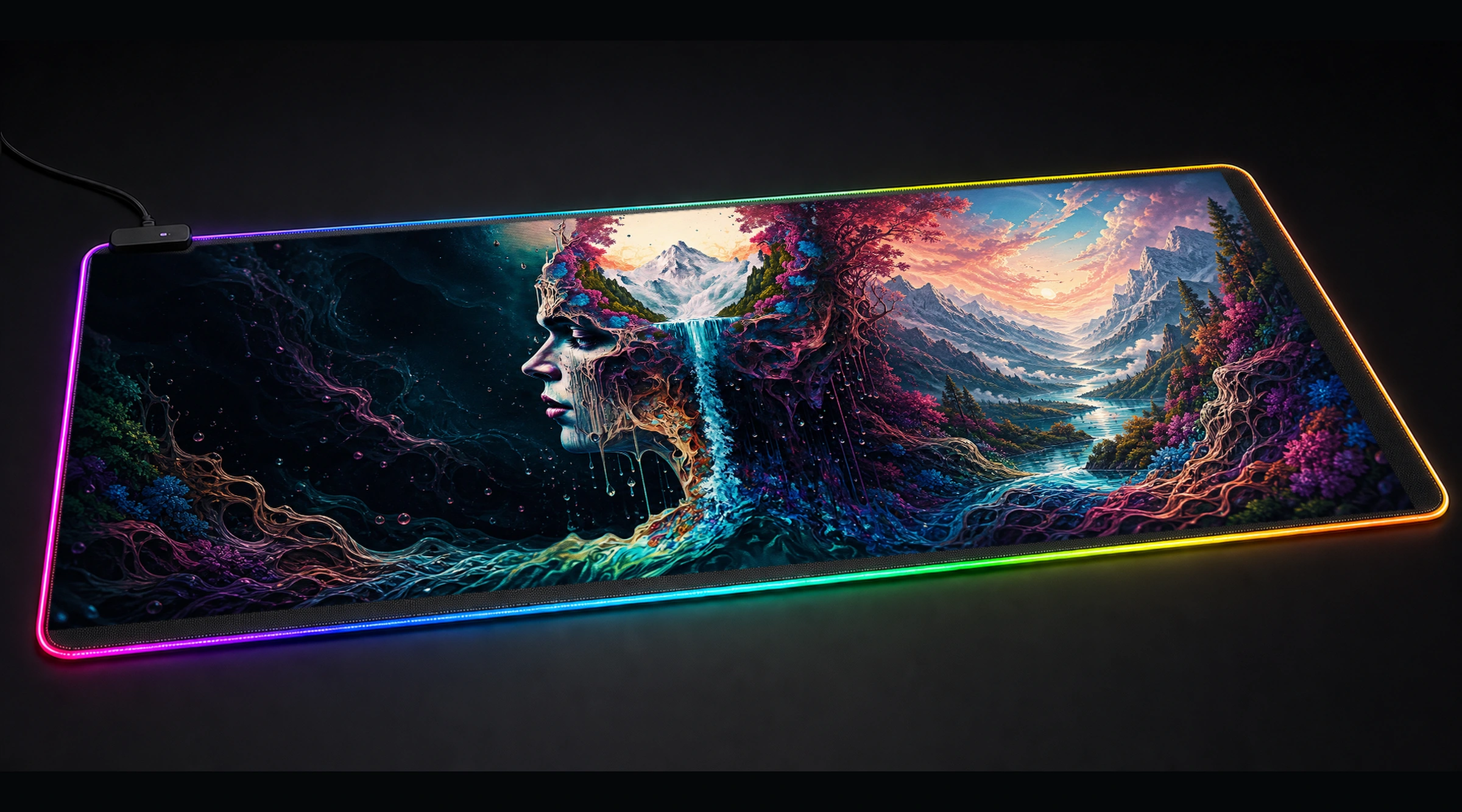 Dream the Brain fantasy art panoramic RGB gaming desk mat product view