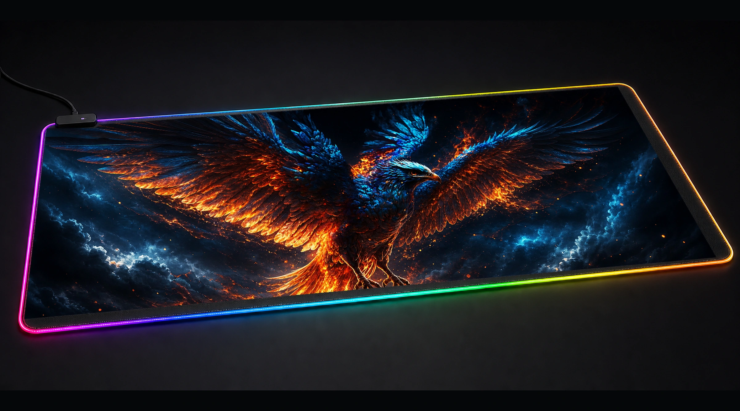 Blue Phoenix dragon fantasy panoramic RGB gaming desk mat product view