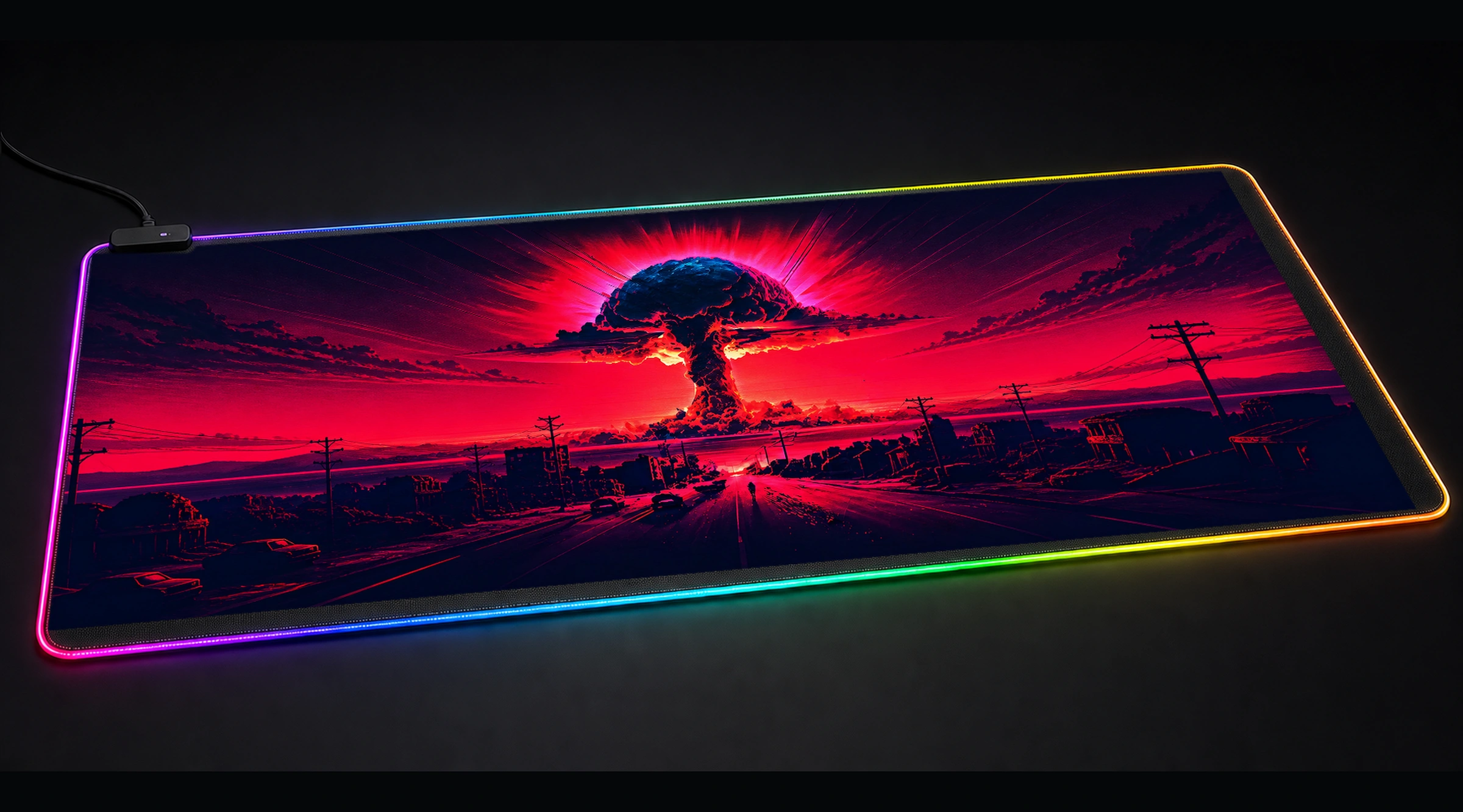 Nuclear Bomb Illustration fantasy art panoramic RGB gaming desk mat product view