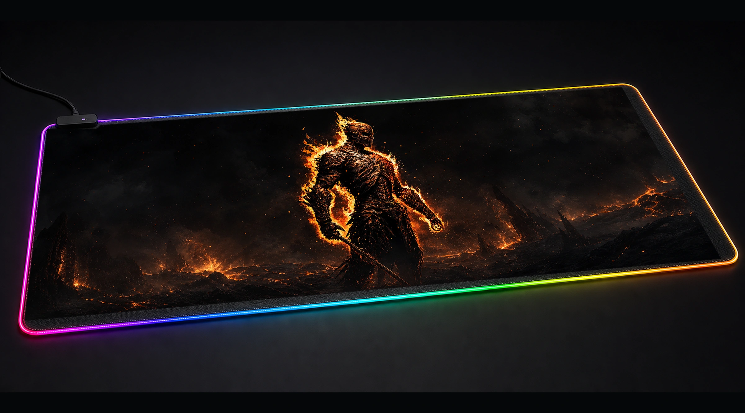 Illustrator Fire Full Body fantasy art panoramic RGB gaming desk mat product view