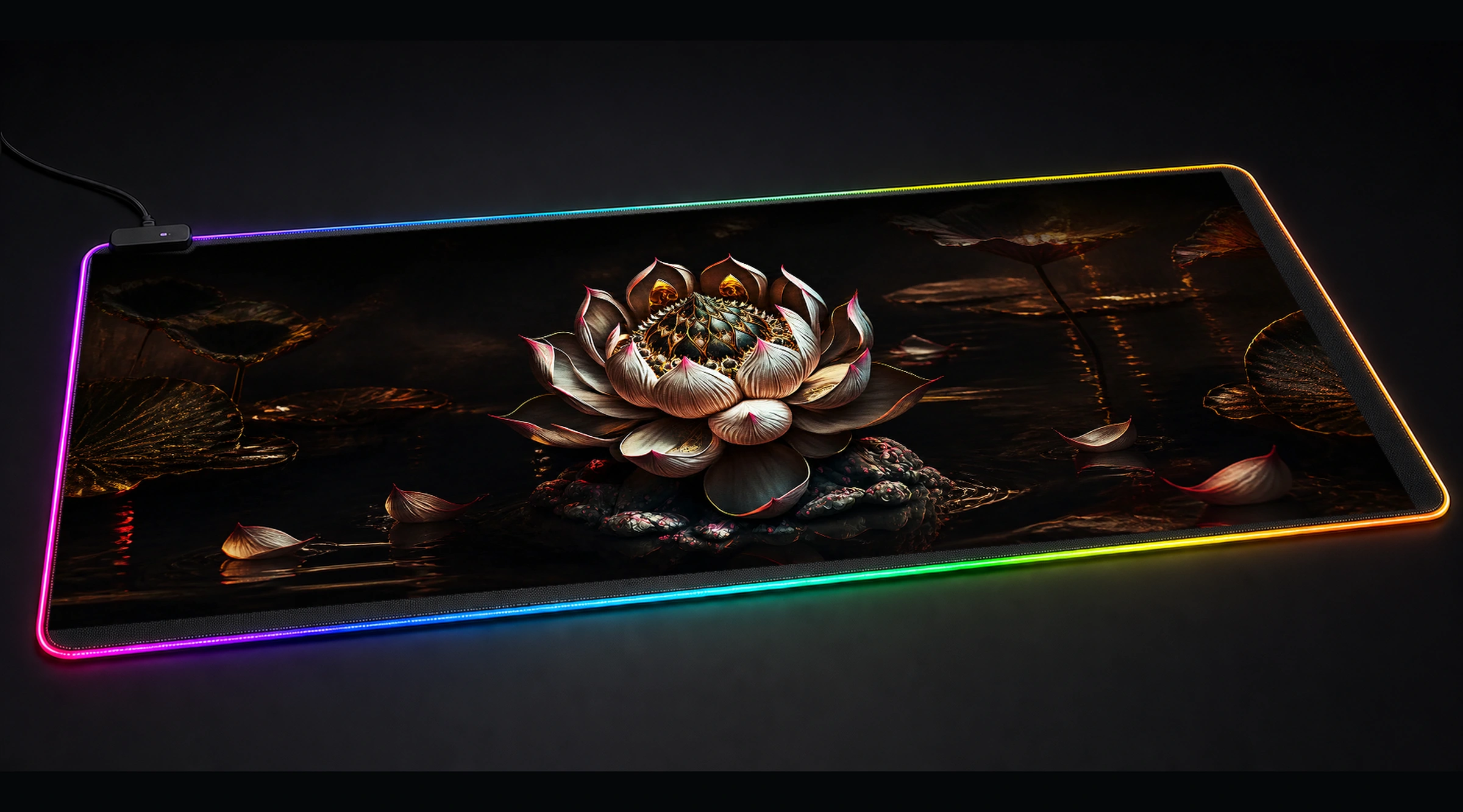 Devils Lotus floral botanical art panoramic RGB gaming desk mat product view