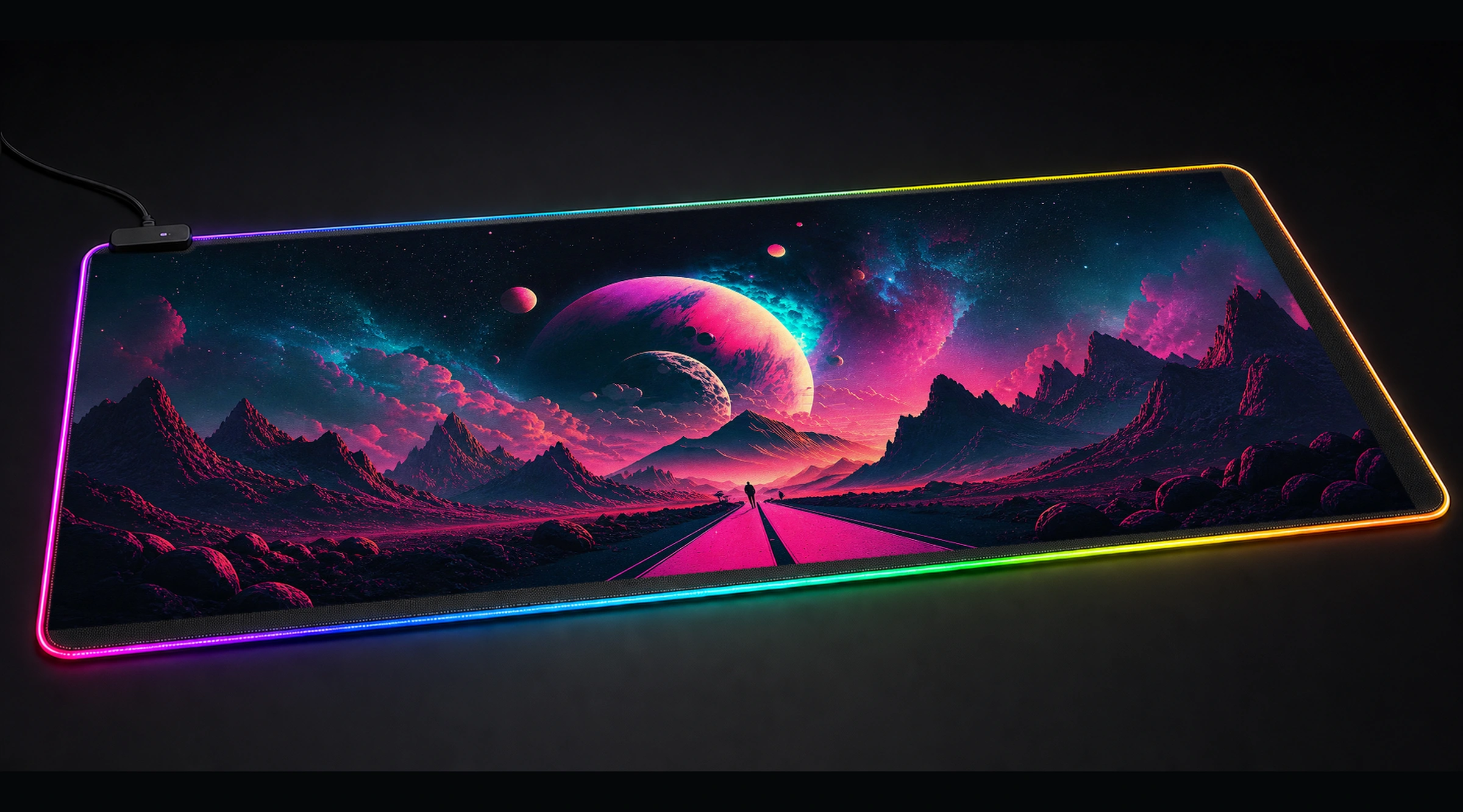 Cosmos Vaporwave Cinematic galaxy space art panoramic RGB gaming desk mat product view
