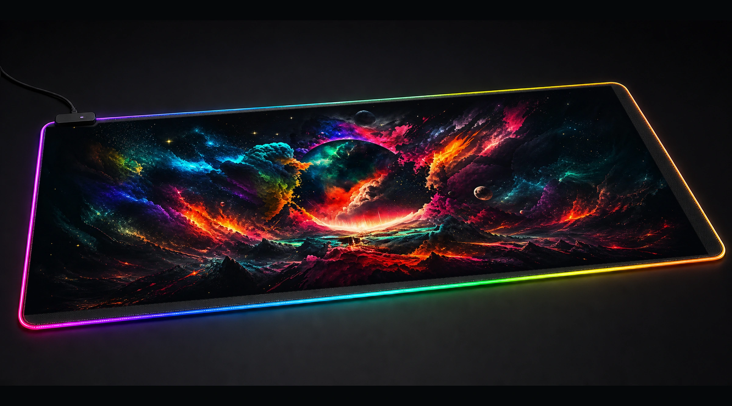 Colorful Universe Paint galaxy space art panoramic RGB gaming desk mat product view