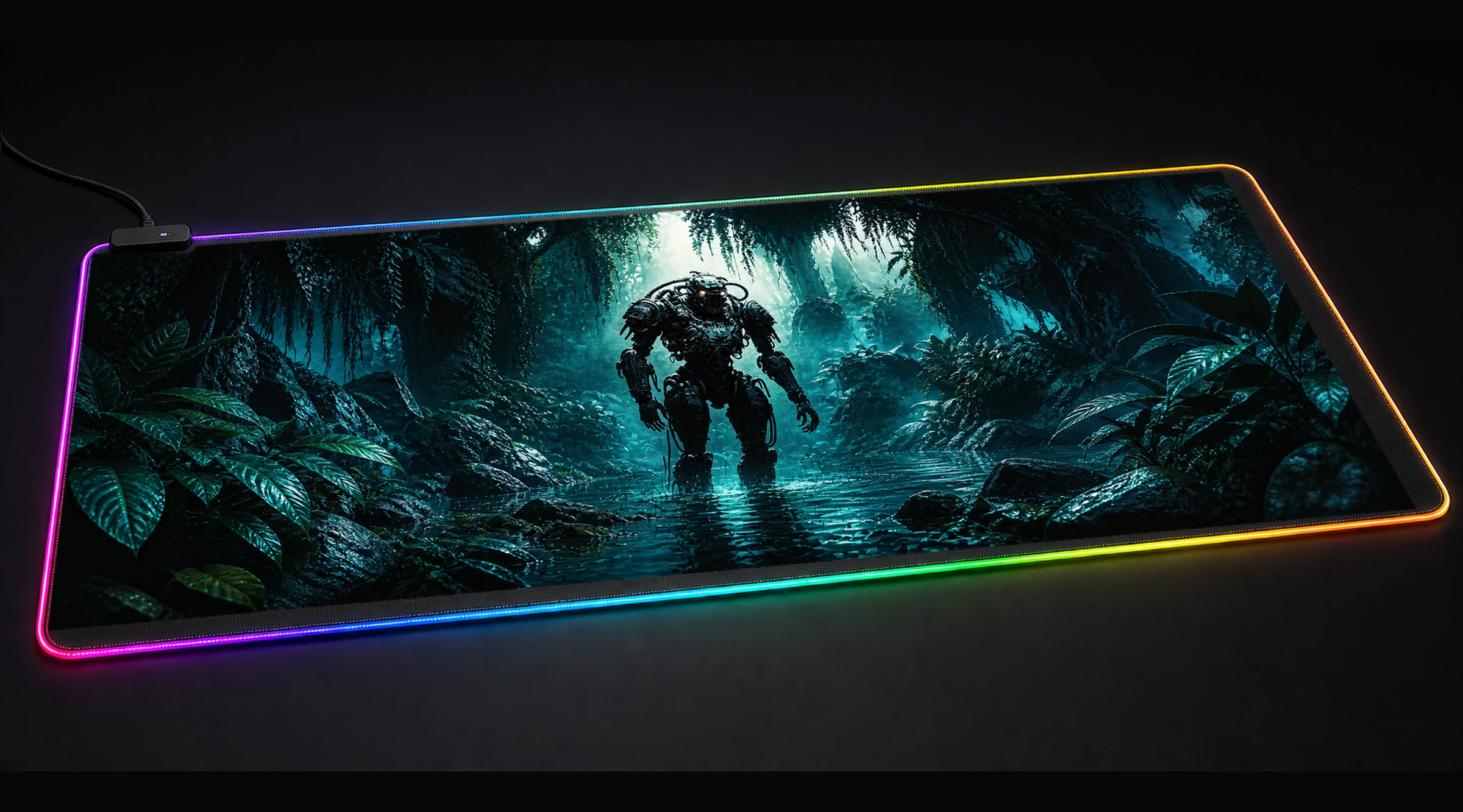 Robot Exploring Forest robot mecha art panoramic RGB gaming desk mat product view