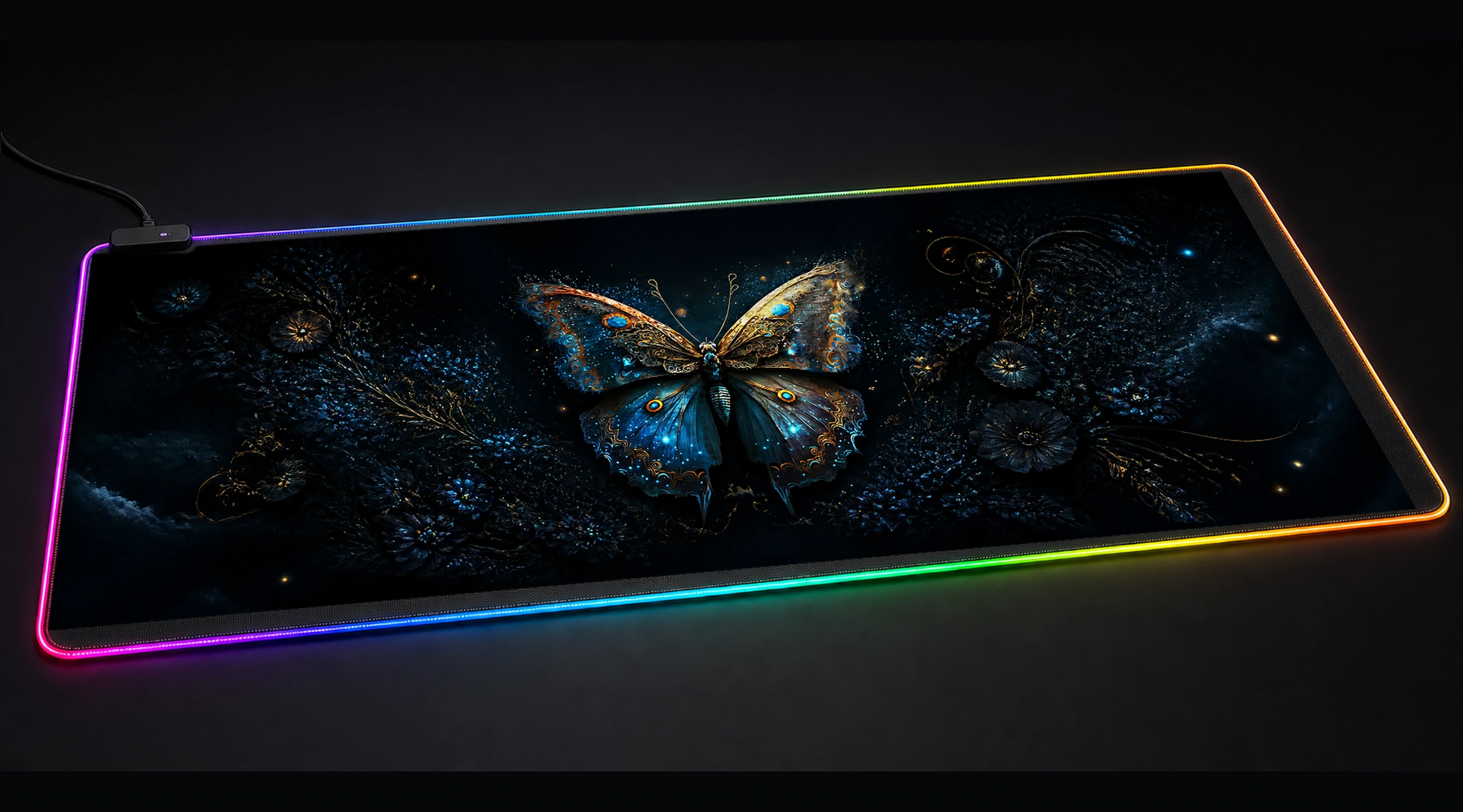 Ancient Butterfly wildlife art panoramic RGB gaming desk mat product view