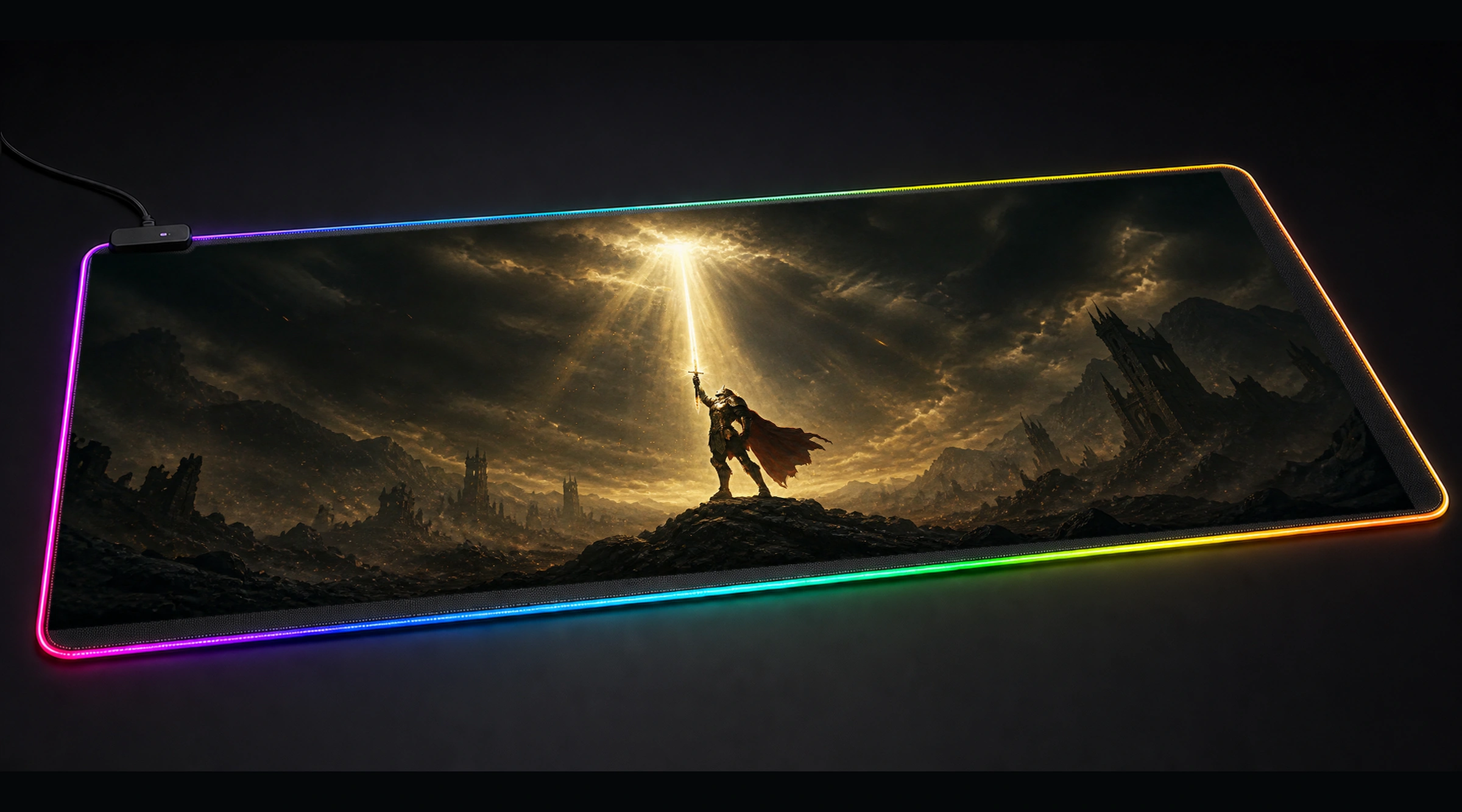 Warrior Holding Sword medieval warrior panoramic RGB gaming desk mat product view