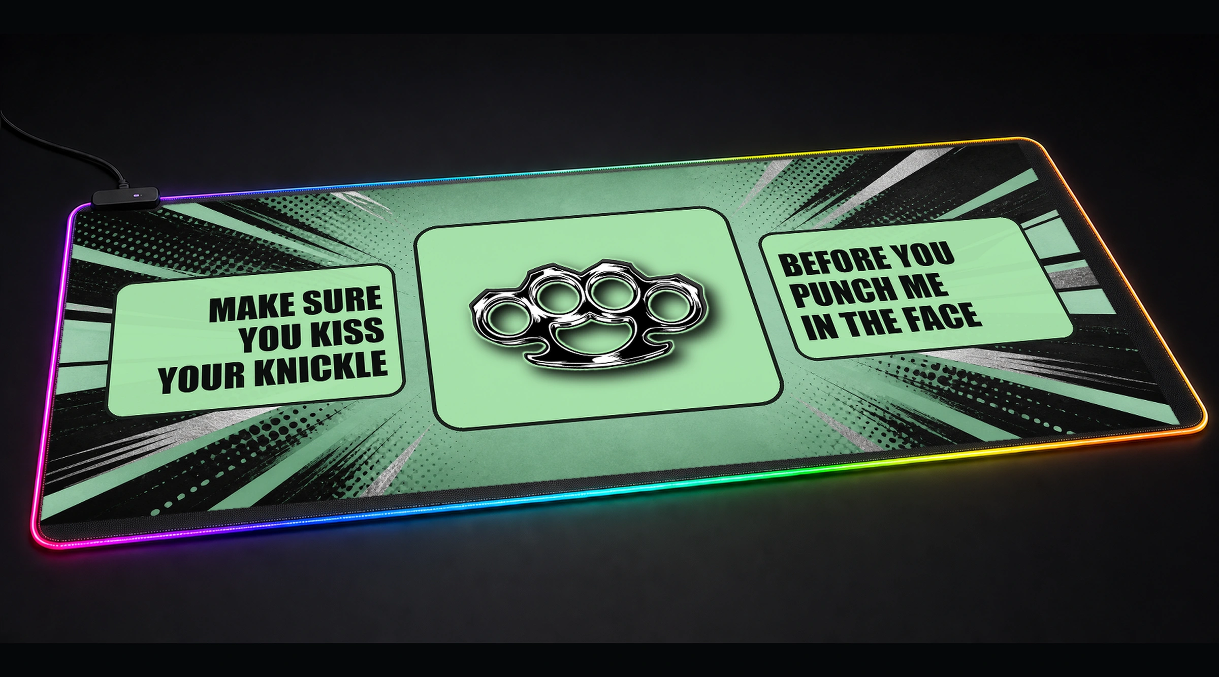 Quote Knuckle Duster motivational quote panoramic RGB gaming desk mat product view