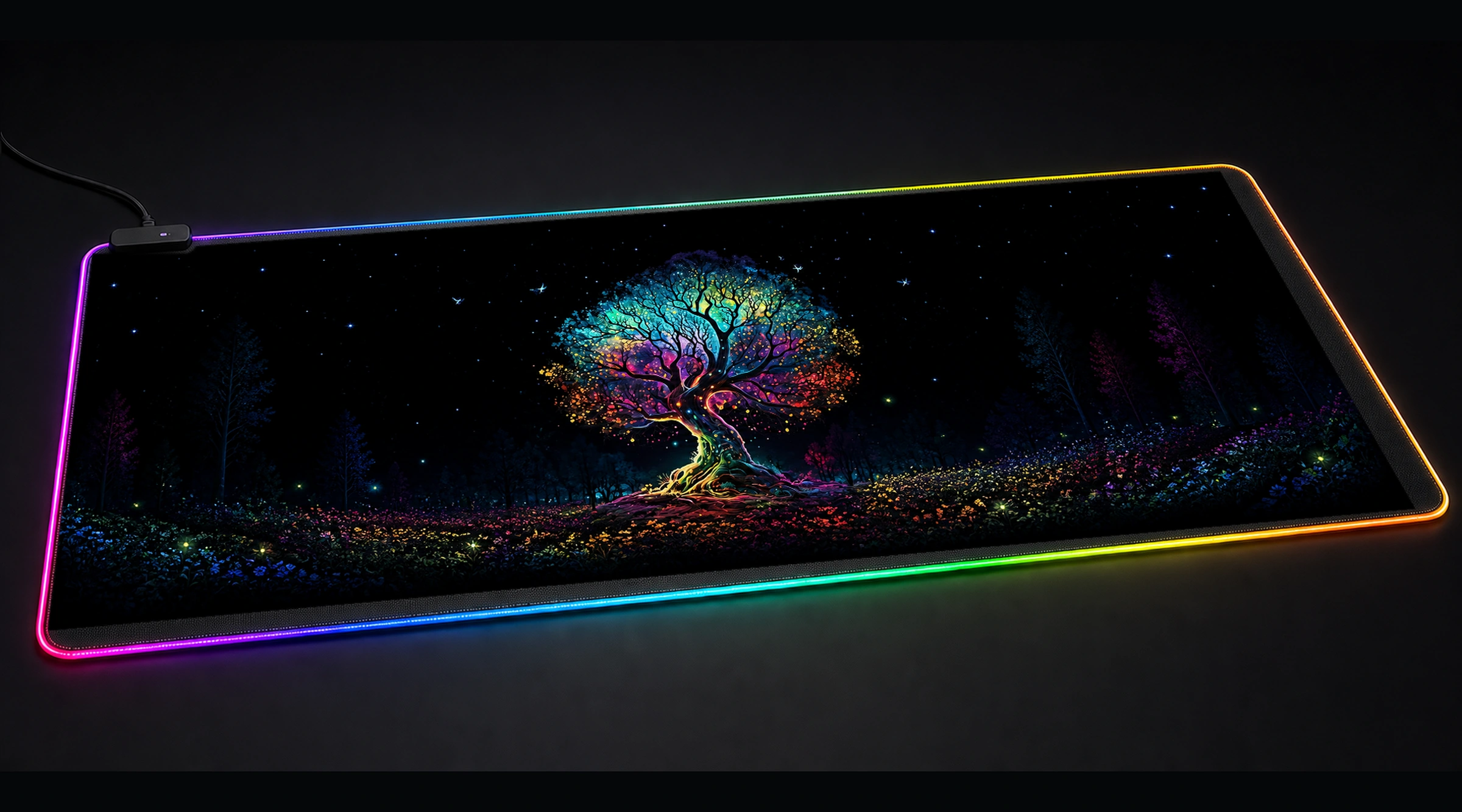 Colorful Of Tree — Monochrome Bloom forest landscape panoramic RGB gaming desk mat product view