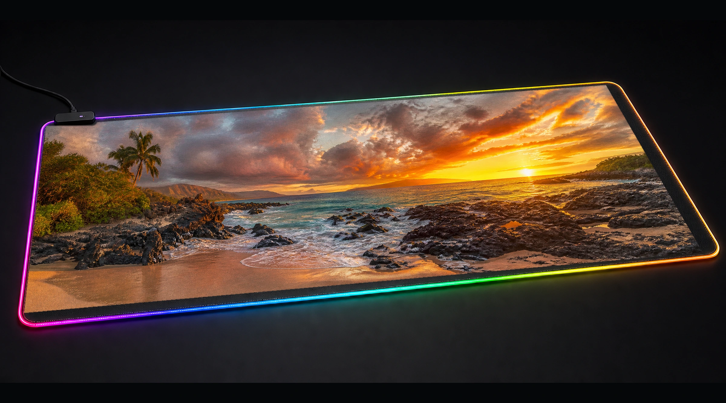 Beautiful View — Golden Bloom ocean wave art panoramic RGB gaming desk mat product view