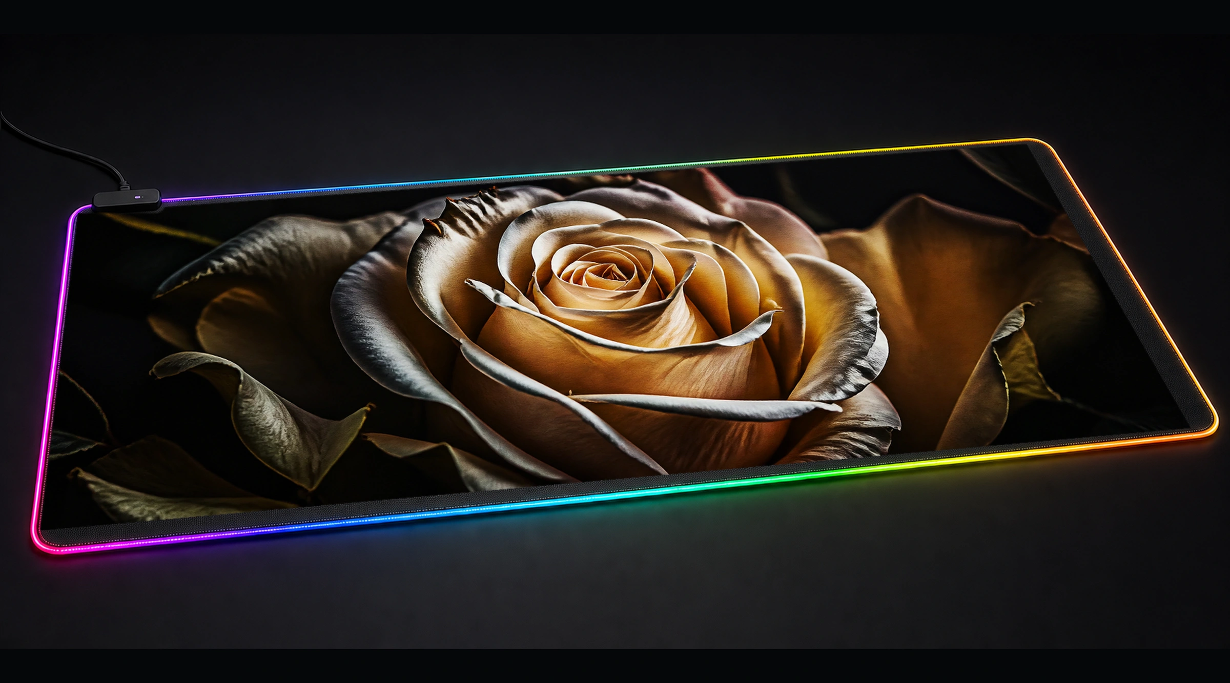 Portrait White Rose New floral botanical art panoramic RGB gaming desk mat product view