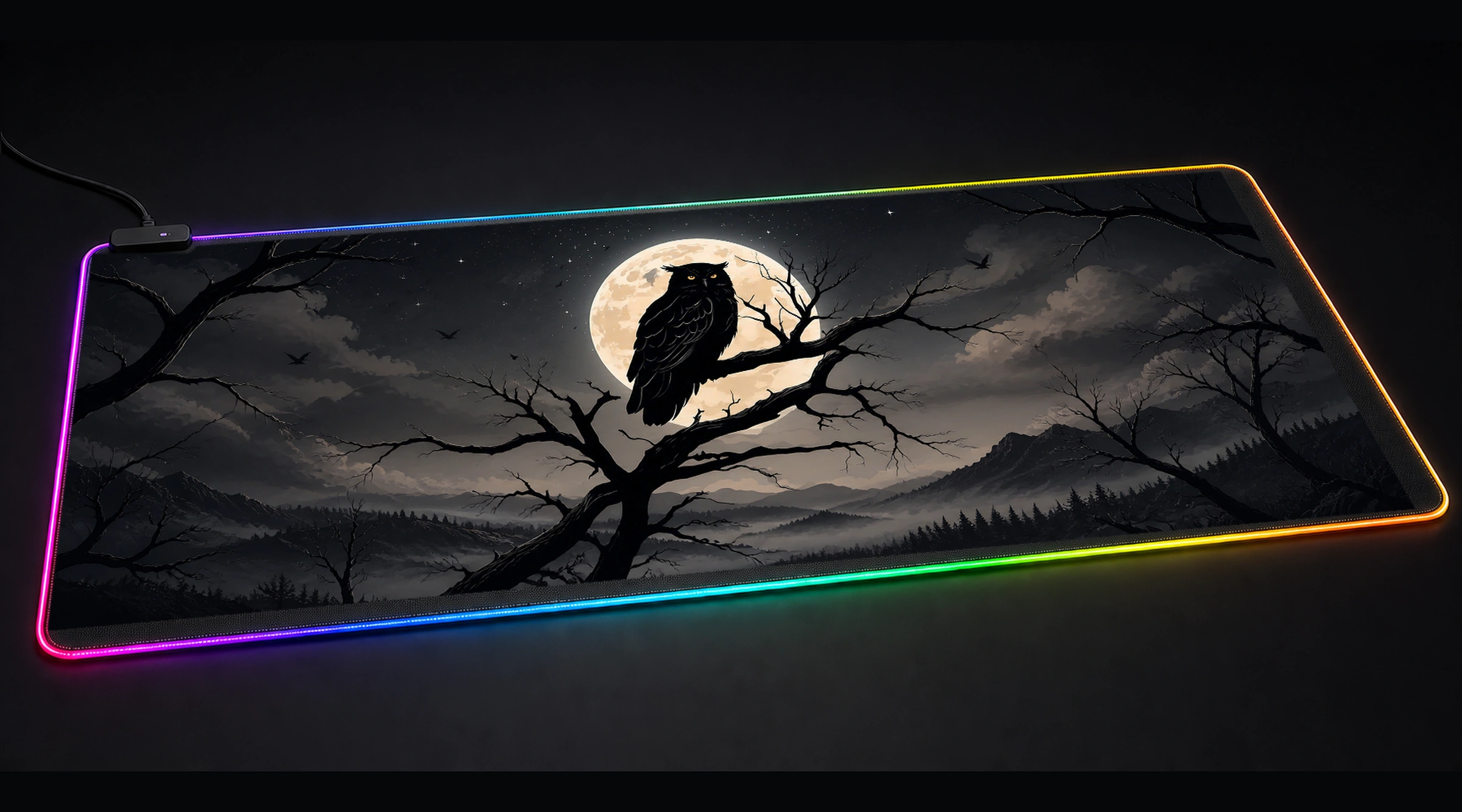 Owl — Golden Forest Light bird art panoramic RGB gaming desk mat product view