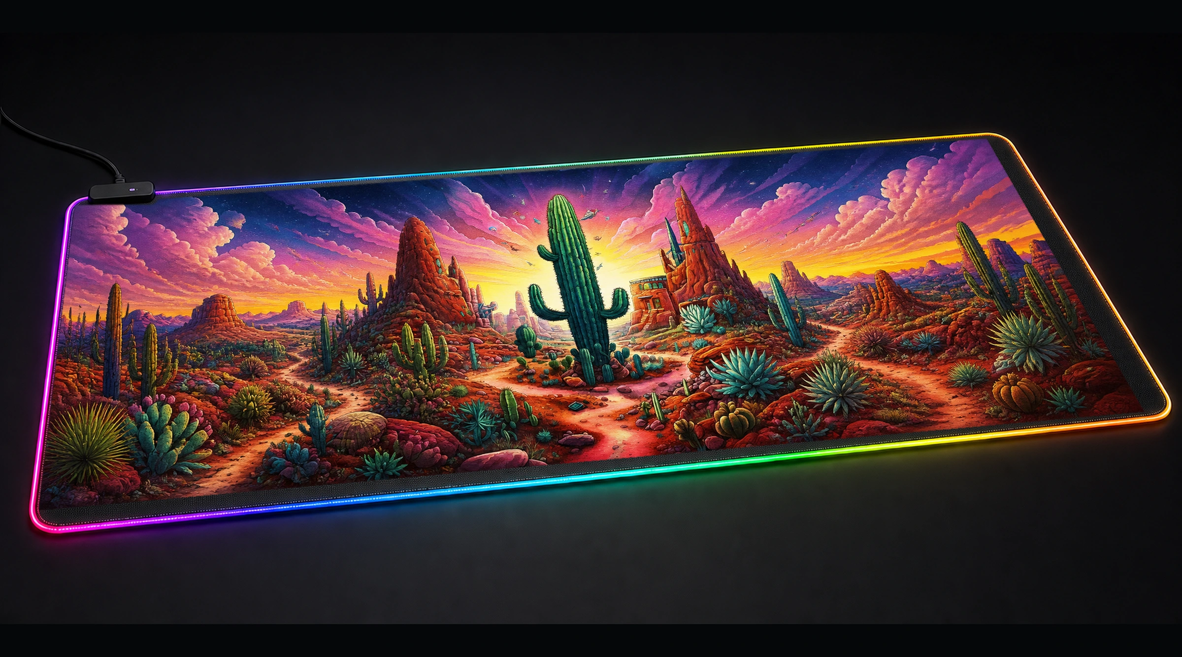 Secret cactus mountain landscape panoramic RGB gaming desk mat product view