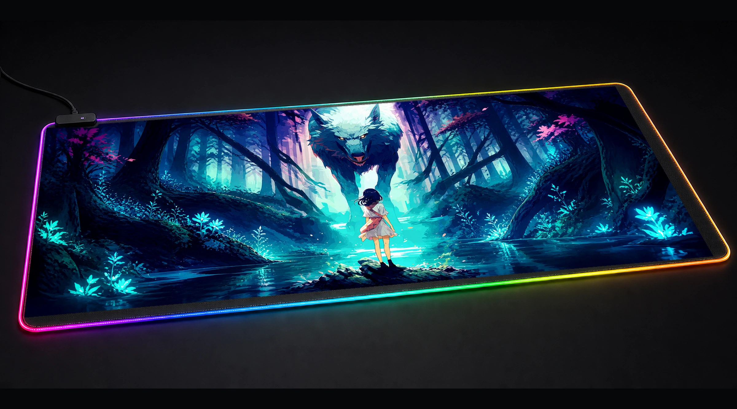 Ghost Wolf — Azure Future Shrine anime art panoramic RGB gaming desk mat product view