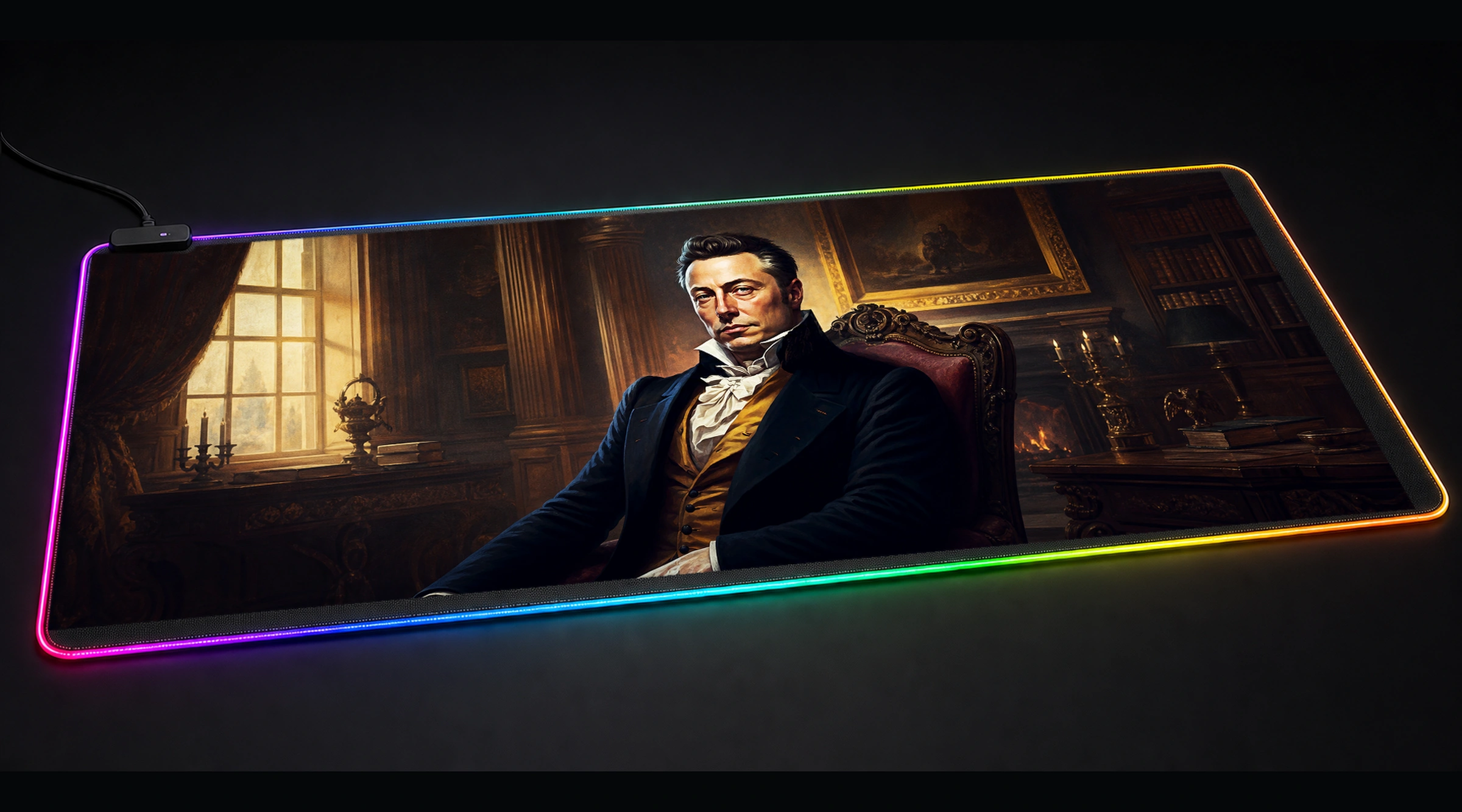 Fashion Musk icon portrait art panoramic RGB gaming desk mat product view