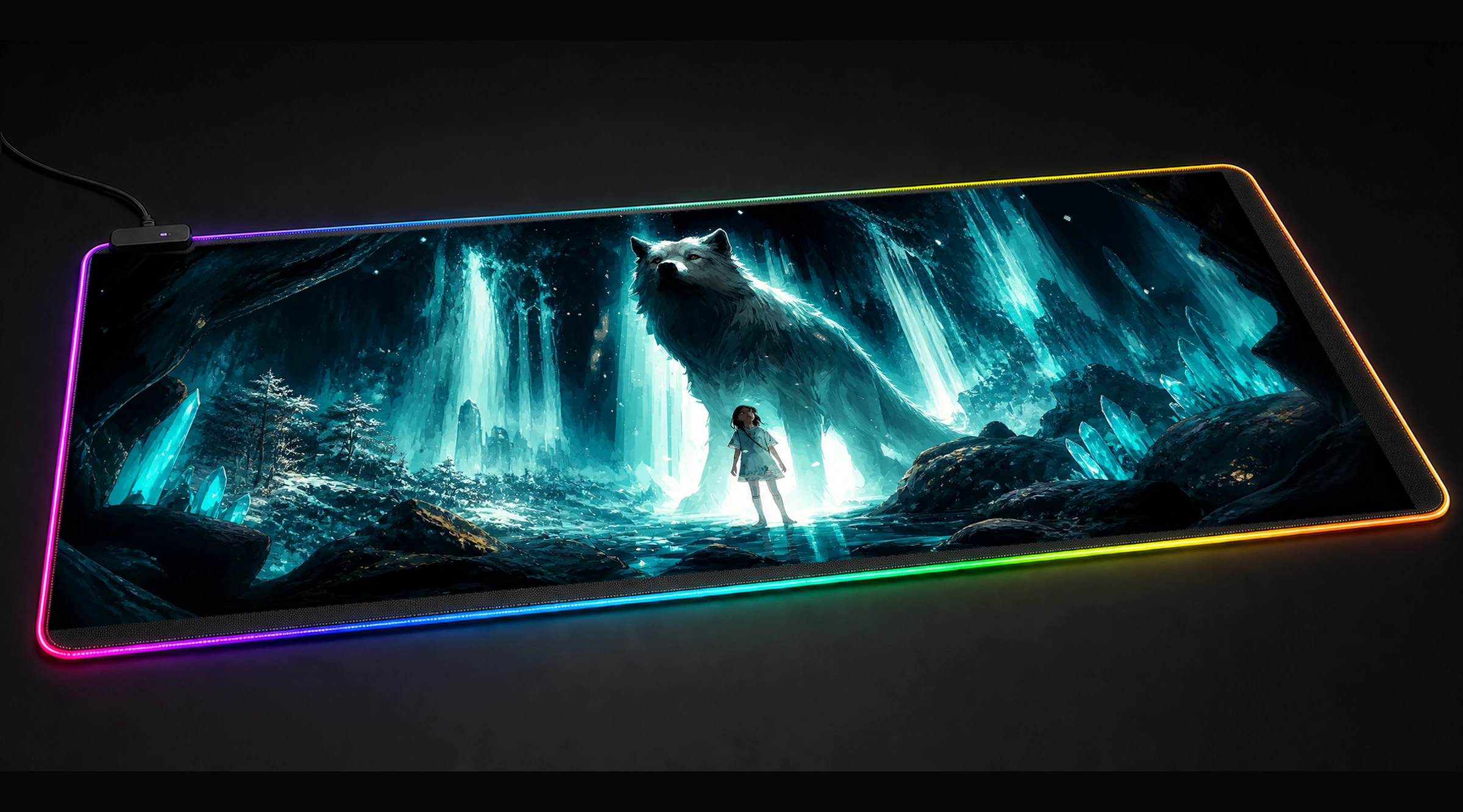 Ghost Wolf — Azure Bloom wildlife art panoramic RGB gaming desk mat product view