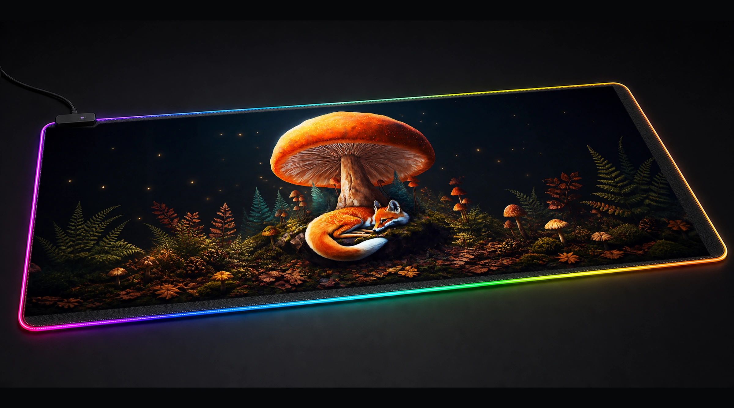 Fox Forest House wildlife art panoramic RGB gaming desk mat product view