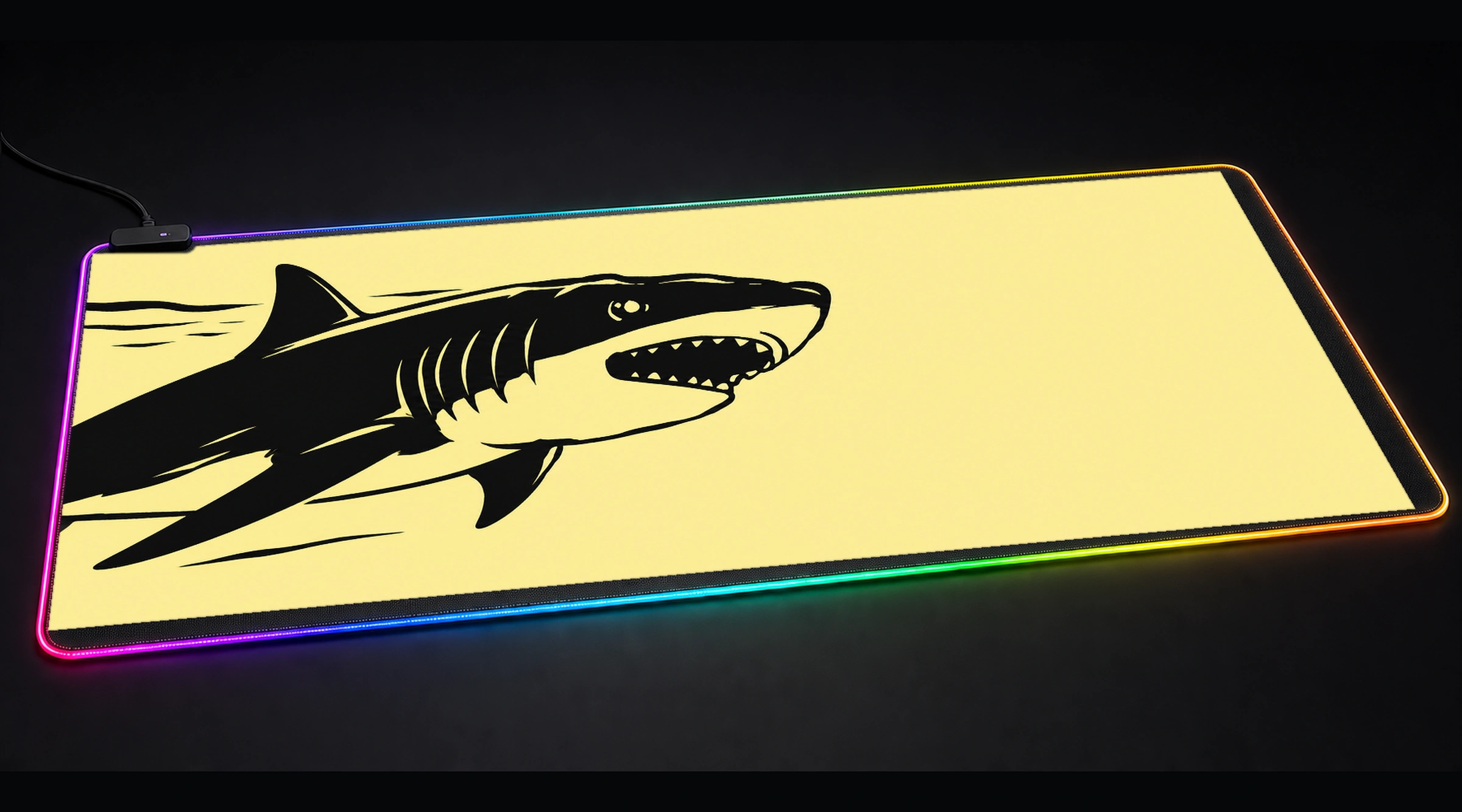 Illustration of Shark marine life art panoramic RGB gaming desk mat product view
