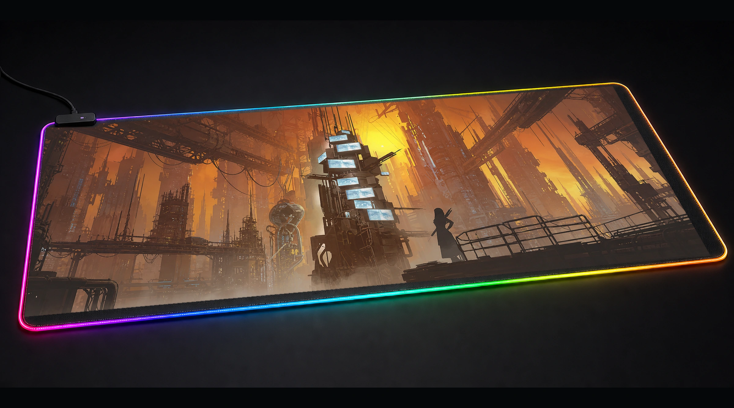 Dystopian City game world art panoramic RGB gaming desk mat product view