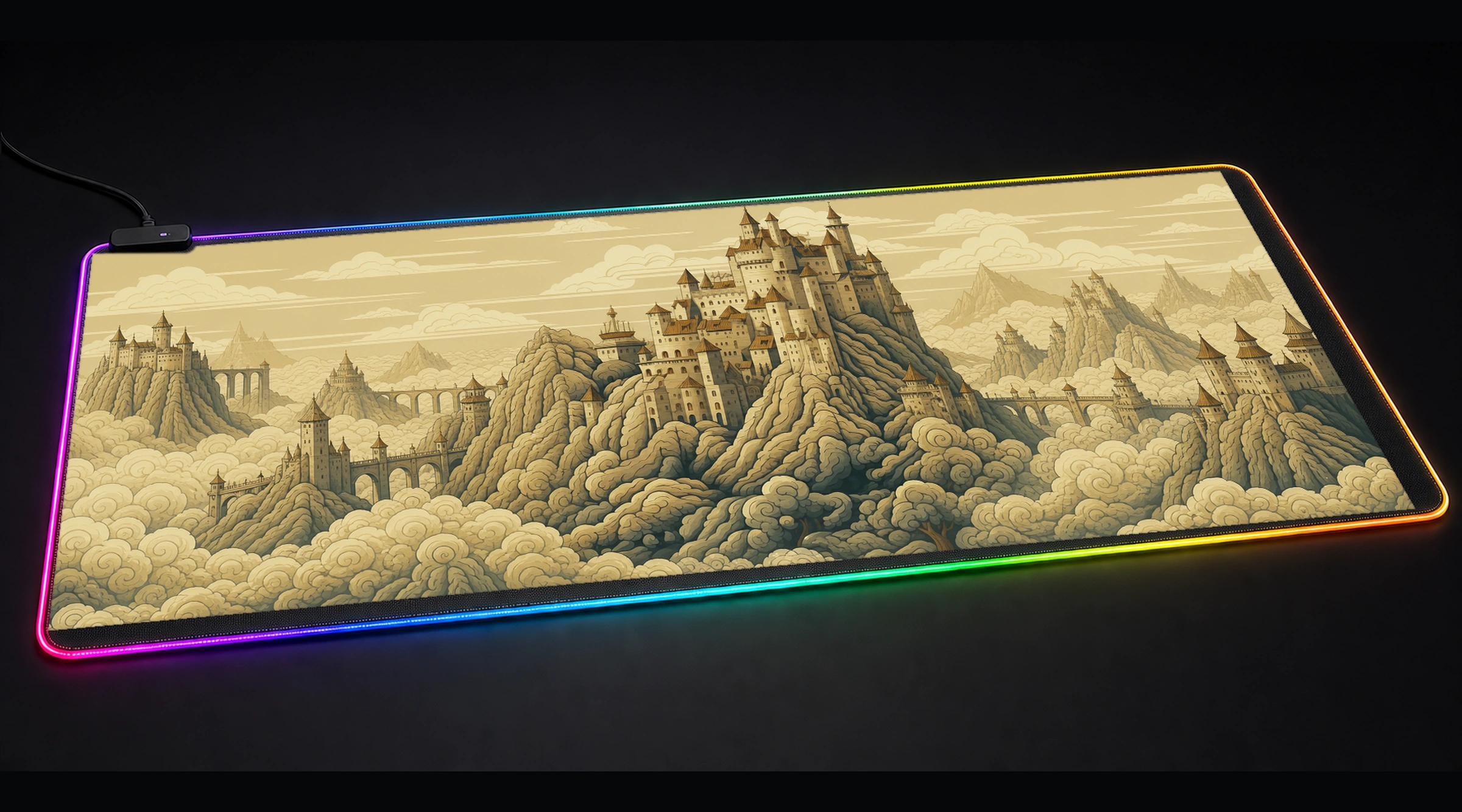 Enchanted Medieval Castle mountain landscape panoramic RGB gaming desk mat product view