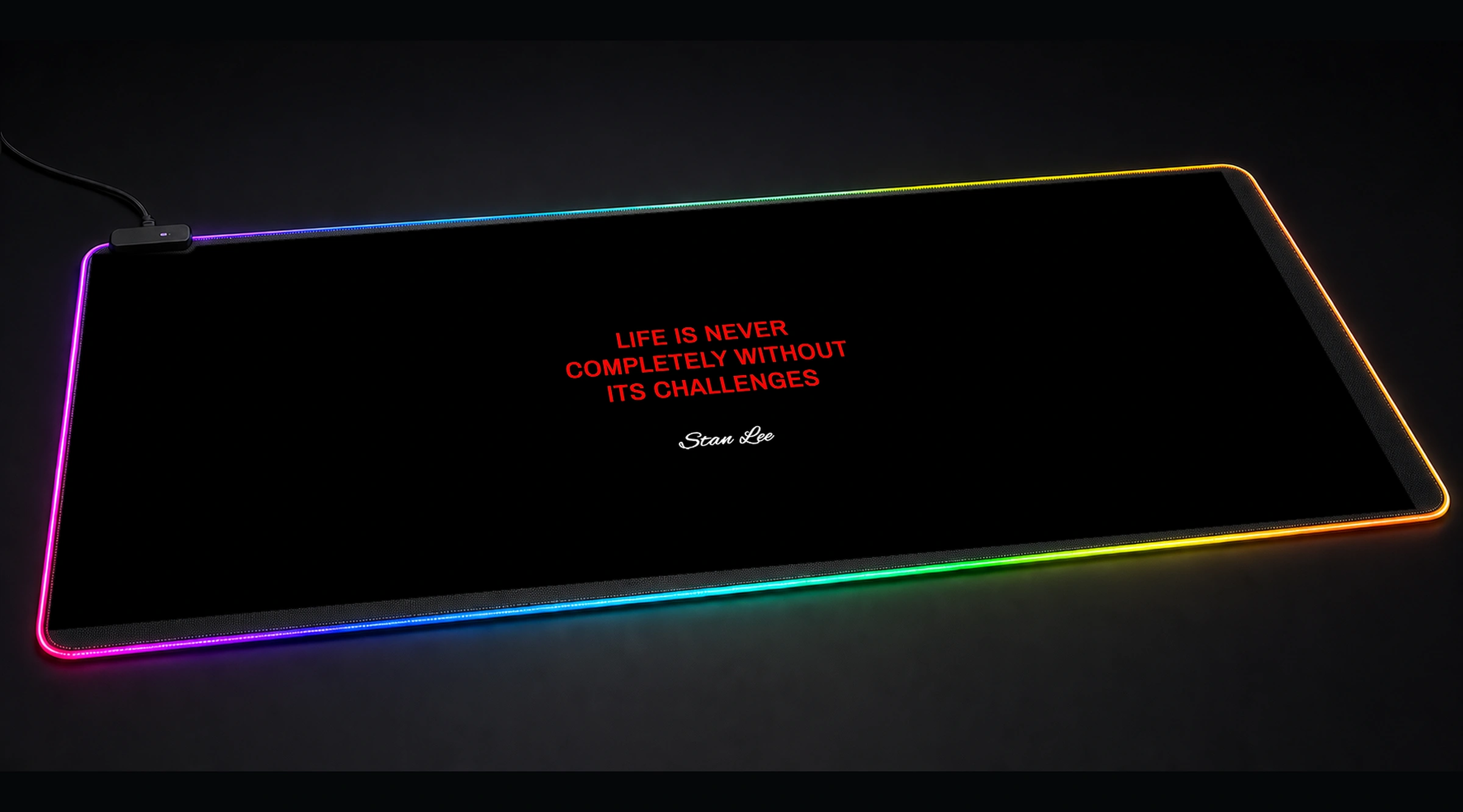 Stan Lee Quotes — Crimson Statement Edition 2 typography quote panoramic RGB gaming desk mat product view