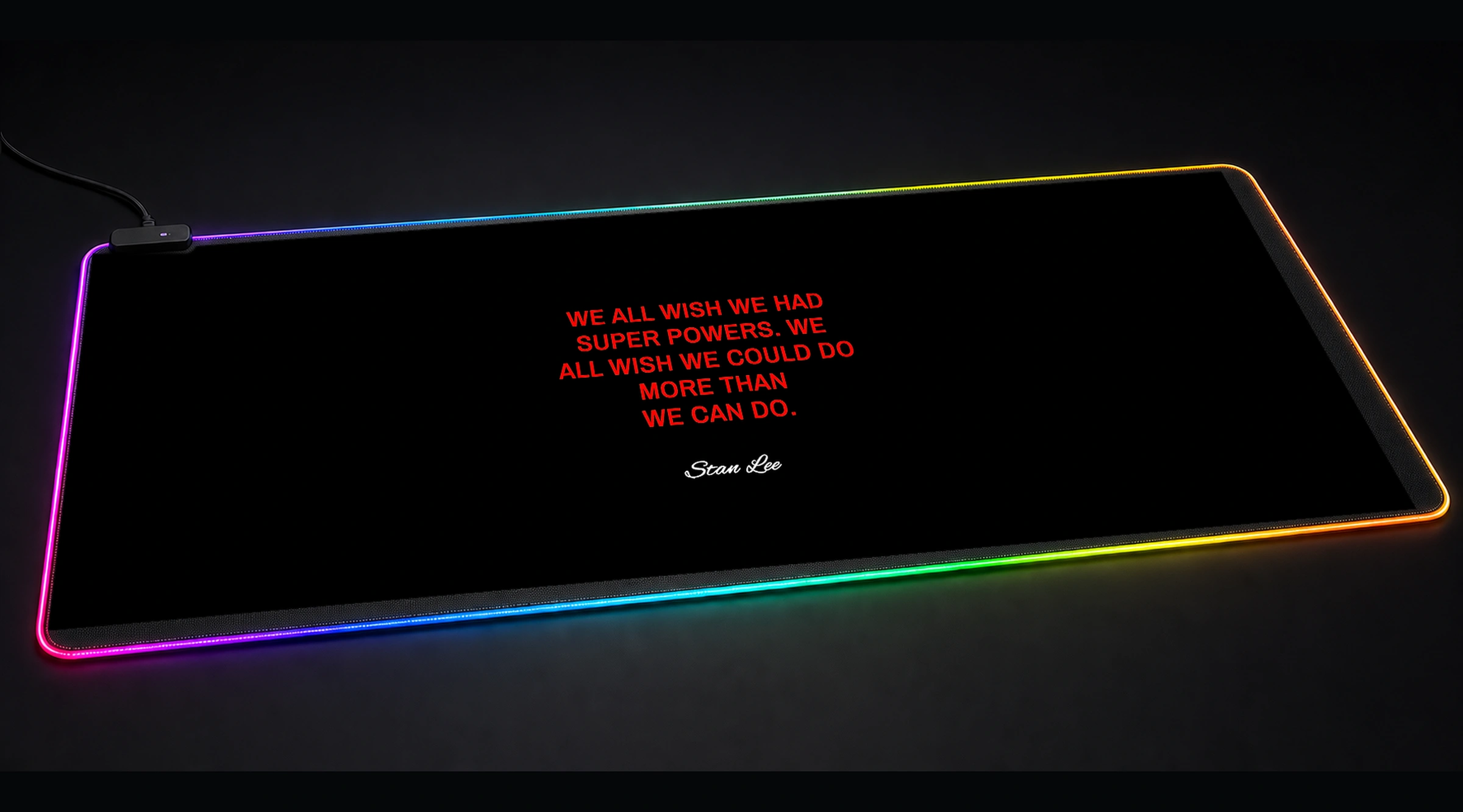 Stan Lee Quotes — Crimson Punchline Edition 2 typography quote panoramic RGB gaming desk mat product view