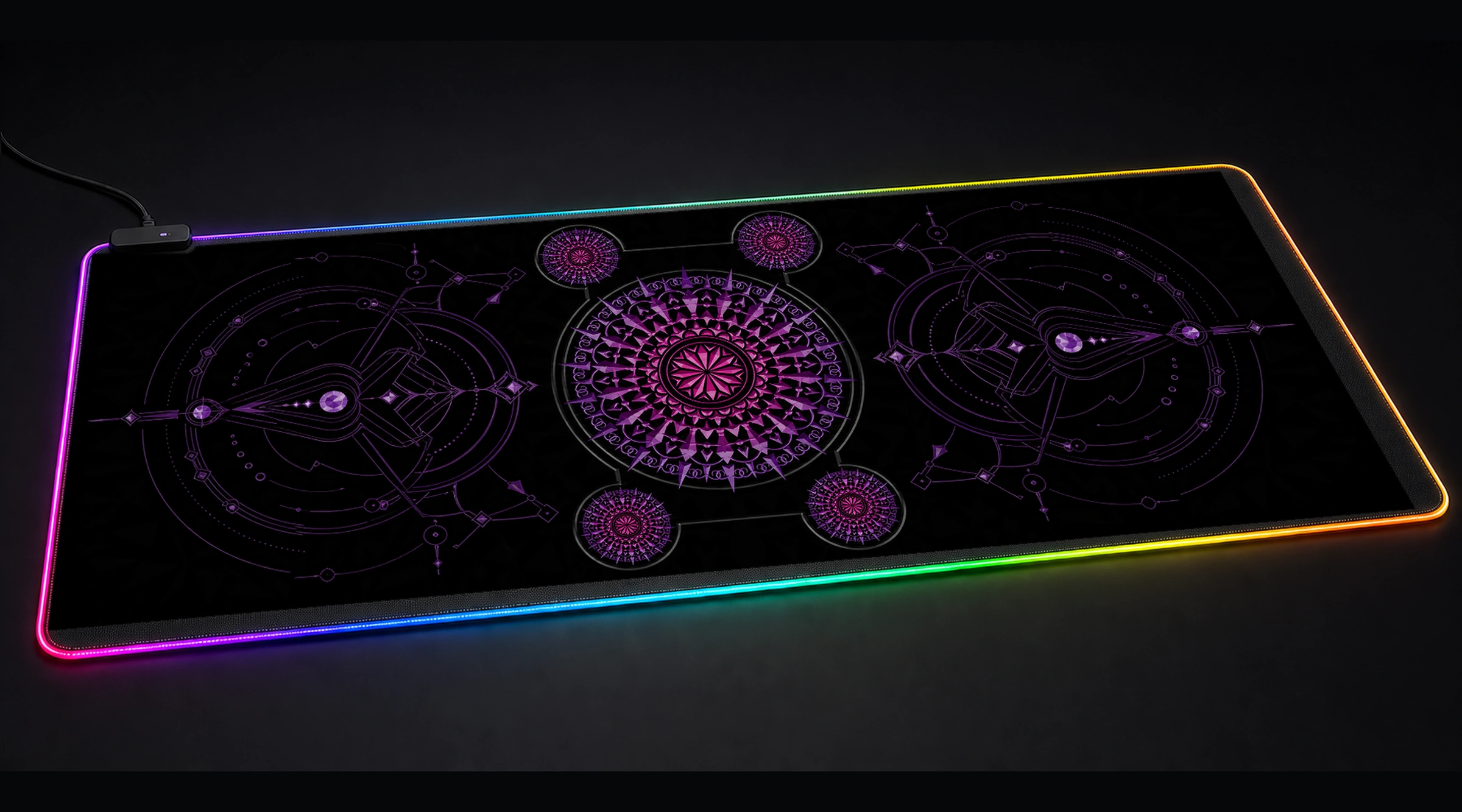 Purple Mandala marble fluid art panoramic RGB gaming desk mat product view