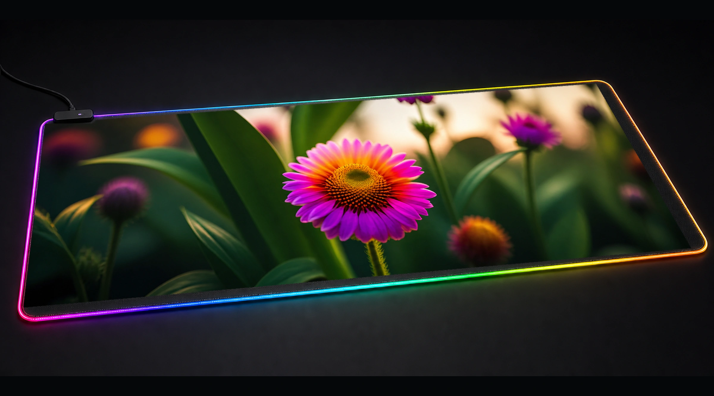 Flower Art — Crimson Forest Light floral botanical art panoramic RGB gaming desk mat product view